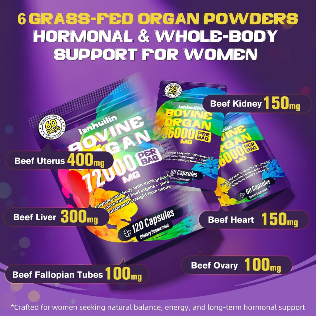 Beef Organ Supplement for Women - 100% Grass Fed Beef Organs with Bovine Liver, Ovary, Uterus, Kidney, Heart & Fallopian Tubes - PMS, Menopause & Energy, Immune & Mood Support, 120 Count