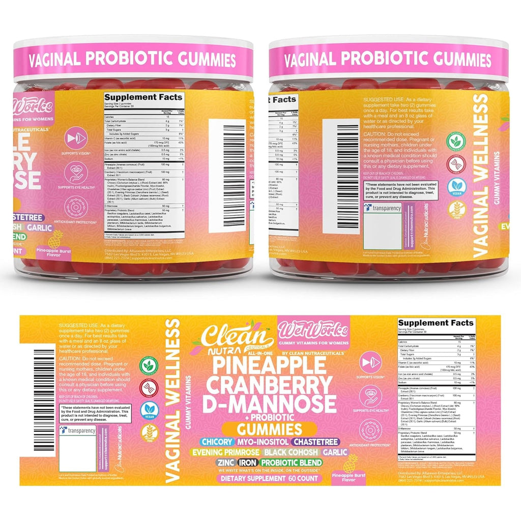 Wet Works Women'S Vaginal Probiotic Gummies Pineapple Cranberry Folic Acid D-Mannose Vitamin C Chicory Myo Inositol Garlic Black Cohosh Zinc Iron Evening Primrose Chastetree 60 Count by Clean Nutra