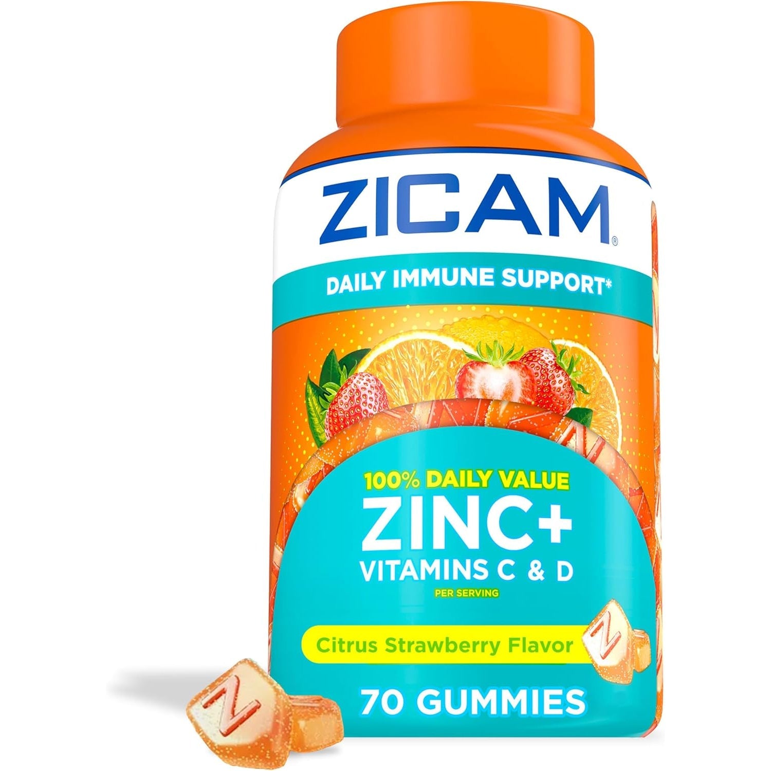 Zicam Daily Immune Support, Gummy Supplement, Zinc, Vitamin C and Vitamin D, Citrus Strawberry Flavor, 70 Count