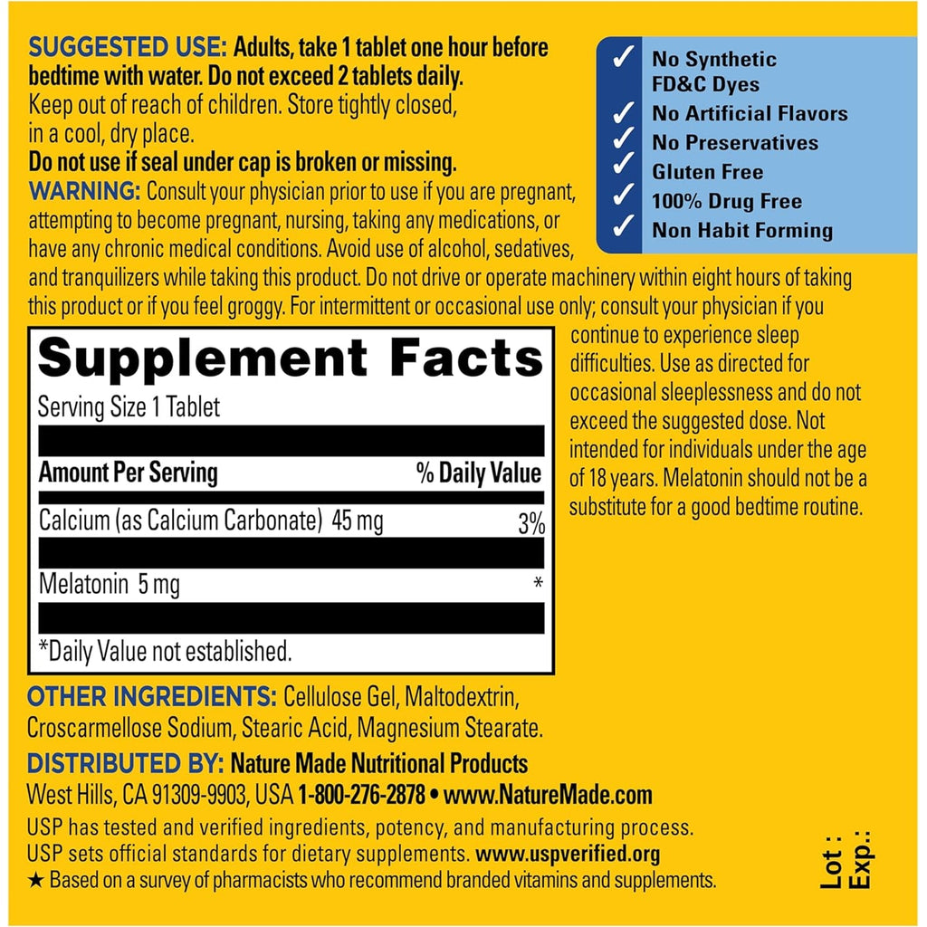 Nature Made Melatonin 5Mg Extra Strength Tablets, 100% Drug Free Sleep Aid, Sleep Supplements for Adults, 300 Tablets, 300 Day Supply