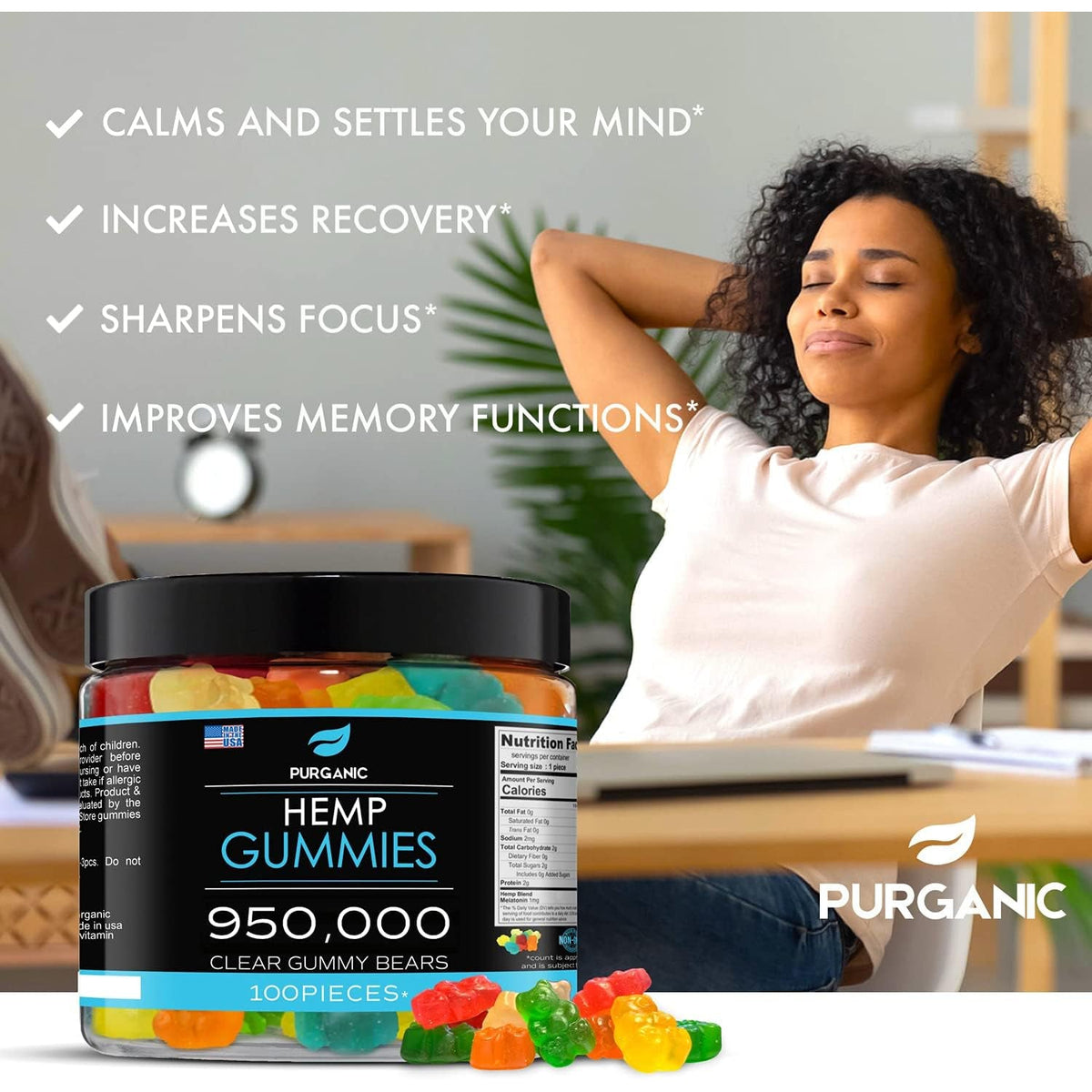 Hemp Gummies – Helps Support Sleep, Peace and Relaxation - High Strength and Support All Natural Tasty Fruit Flavors - Made in USA – 100Ct