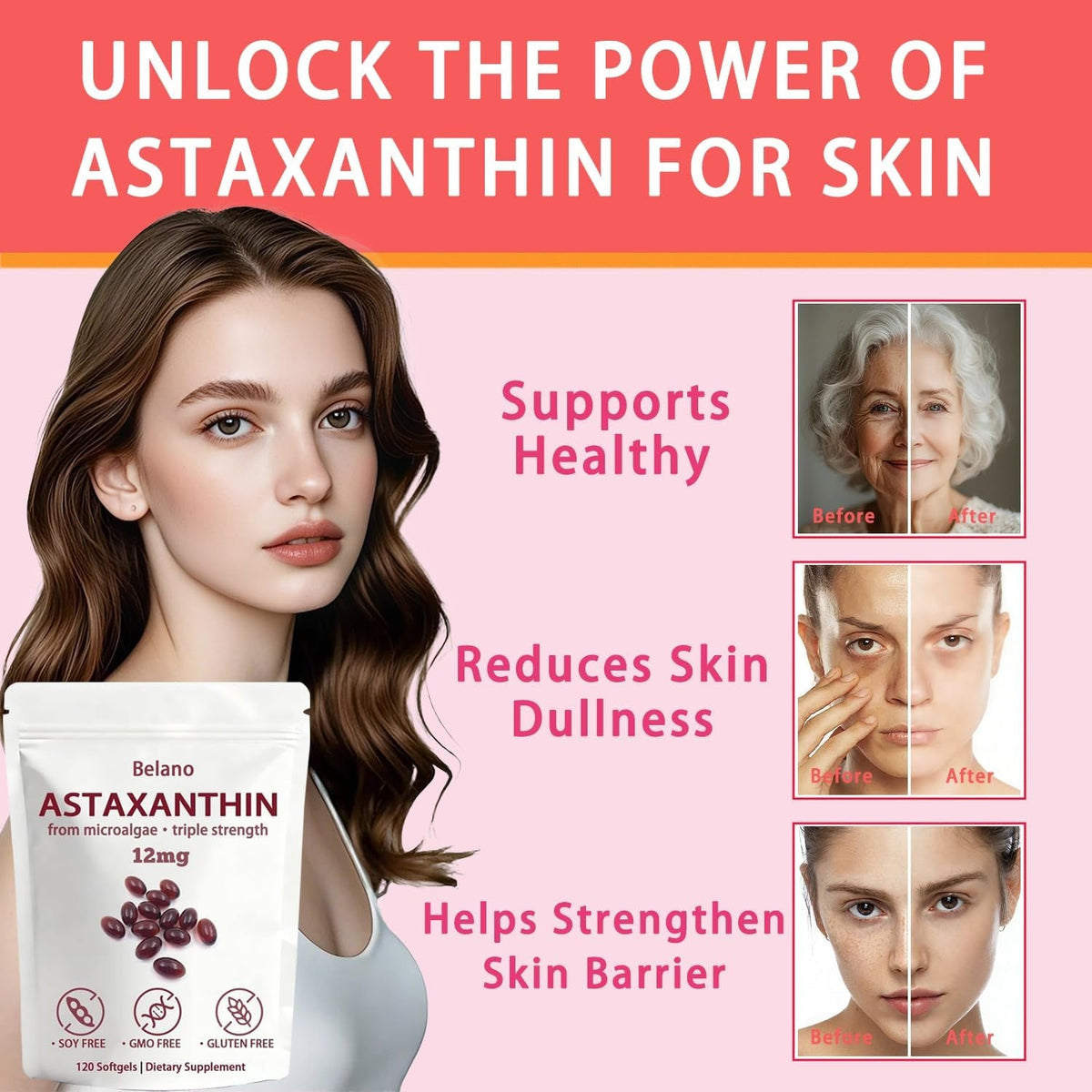 BELANO Valasta Astaxanthin，Zeria Astaxanthin12Mg，Easy to Swallow, Non-Gmo，4-Month Supply，120 Softgels