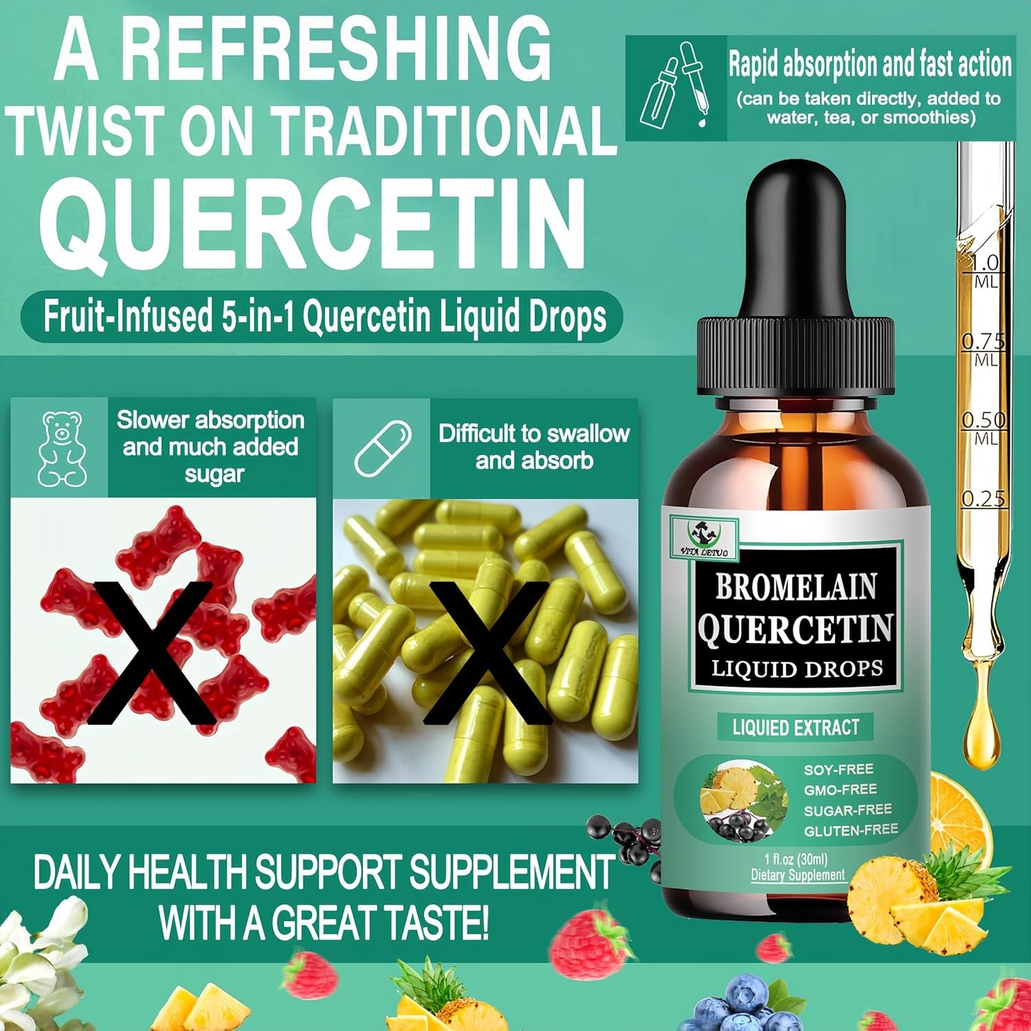 Quercetin Liquid Drops, Quercetin with Bromelain Elderberry Nettle Leaf Vitamin C Liquid Supplements, High Absorption Quercetin Liquid Drops for Women Men, Healthy Immune Antioxidant Support, Non-Gmo