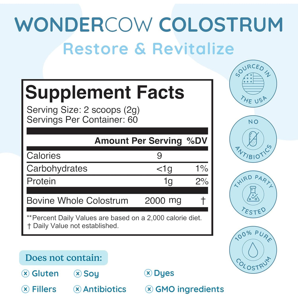 WONDERCOW Colostrum Supplement Powder for Gut Health, Immune Support & Wellness | Natural Igg Pure Whole Bovine Colostrum Superfood, Unflavored, 60 Servings
