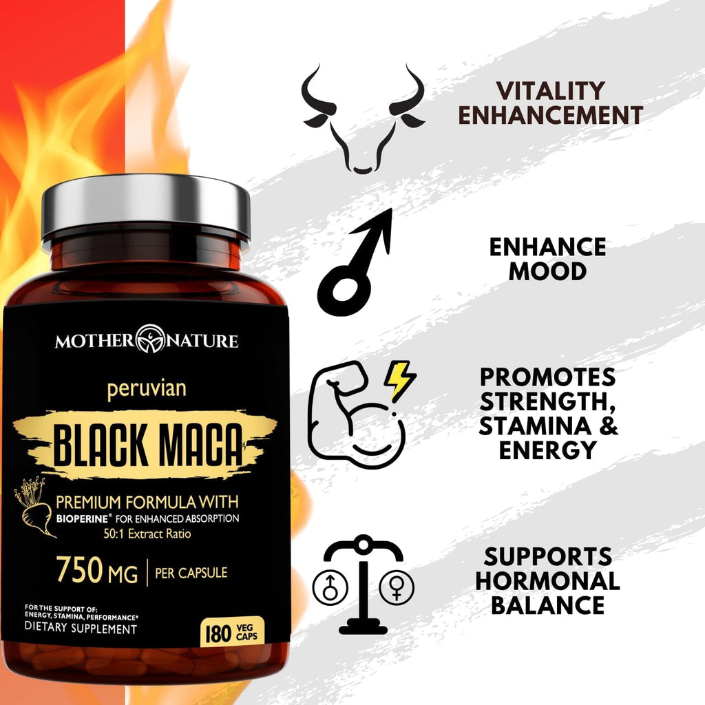 Black Maca Root 50:1 750Mg – 180 Capsules Organic Peruvian Maca Peruana Supplement for Men | High Potency Energy, Mood & Performance Support | Vegan, Non-Gmo