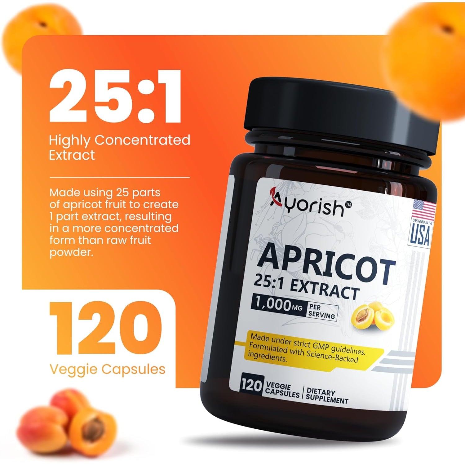 Apricot Extract 25:1, 500 Mg per Capsule 1000 Mg per Servings Immune Support Herbal Supplements (Pack of 1) (120 Capsules)