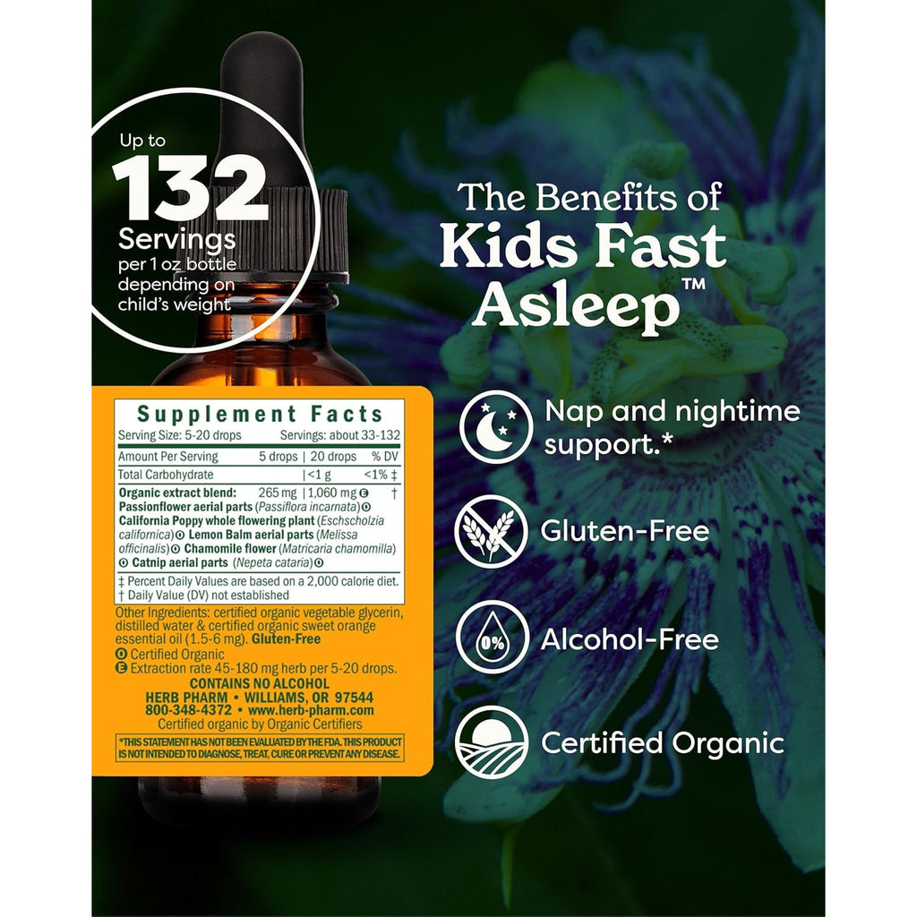 Herb Pharm Kids Fast Asleep™: Sleep Support Herbal Extract, Sugar-Free, Alcohol-Free, Herbal Supplement for Kids, Nap & Nighttime Support, Non-Bitter, up to ~132 Servings per Bottle, 1 Oz*