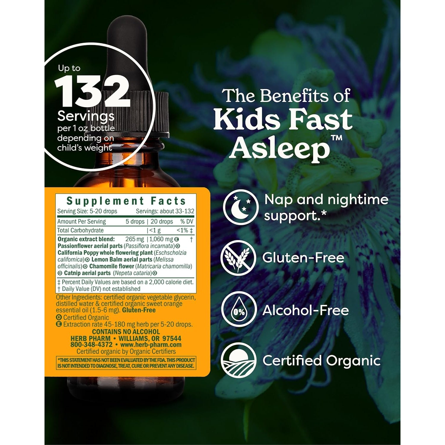 Herb Pharm Kids Fast Asleep™: Sleep Support Herbal Extract, Sugar-Free, Alcohol-Free, Herbal Supplement for Kids, Nap & Nighttime Support, Non-Bitter, up to ~132 Servings per Bottle, 1 Oz*