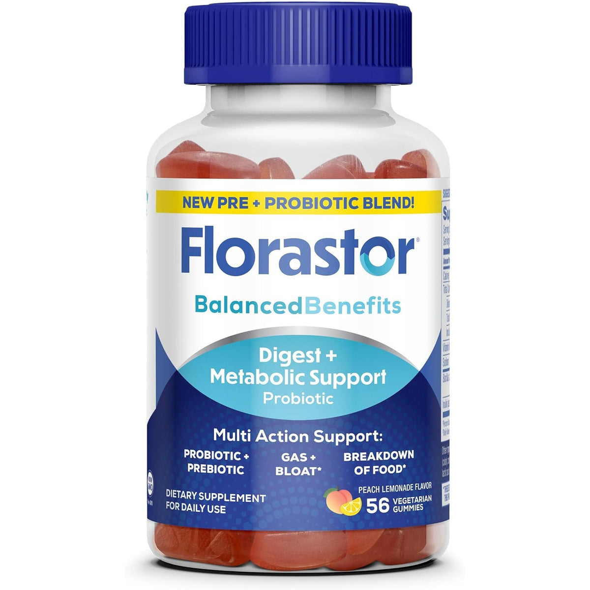 Florastor Prebiotic and Probiotic Gummies, Digestive and Metabolic Support Probiotic Blend for Multi-Action Digestive Health Care, with Vitamin B12, 56 Gummies