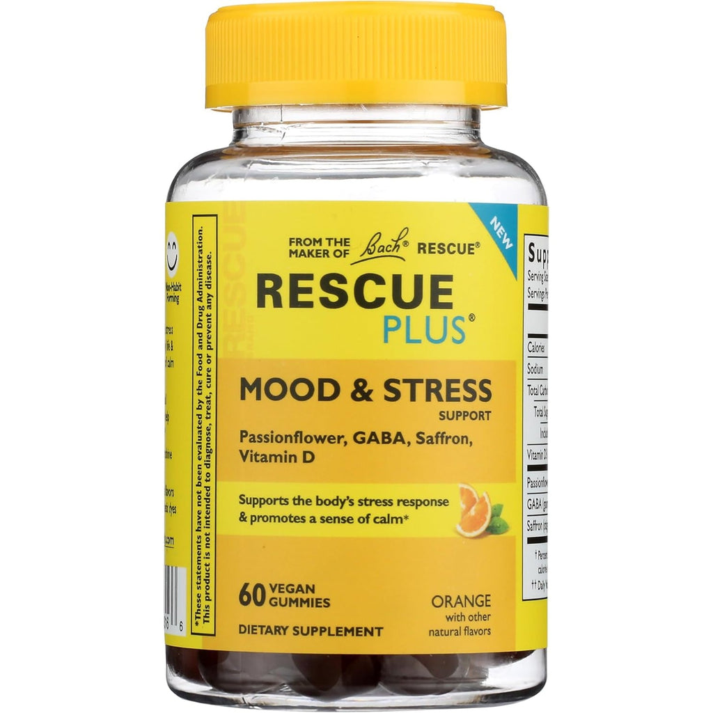 Bach Rescue plus Mood & Stress Support Gummies, Daytime Dietary Supplement with Passionflower, GABA, Saffron & Vitamin D, Natural Orange Flavor, Vegan & Gluten-Free, 60 Count