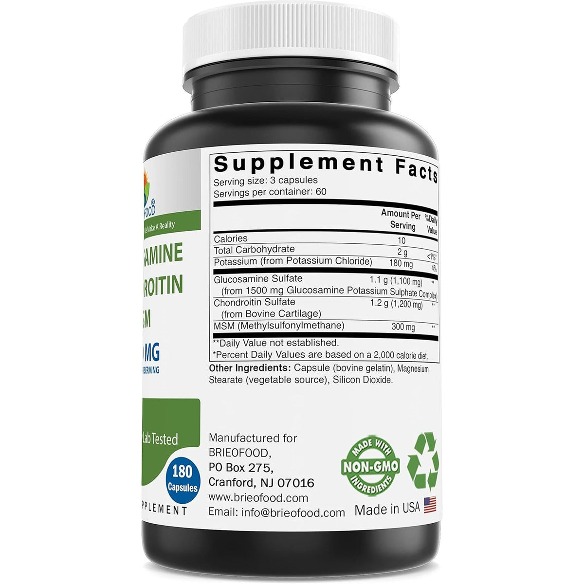 Brieofood Triple Strength Glucosamine Chondroitin MSM 2600Mg/Serving Capsules, Supports Healthy Joint, Cartilage and Connective Tissue - Promotes Joint Comfort & Flexibility 180 Count