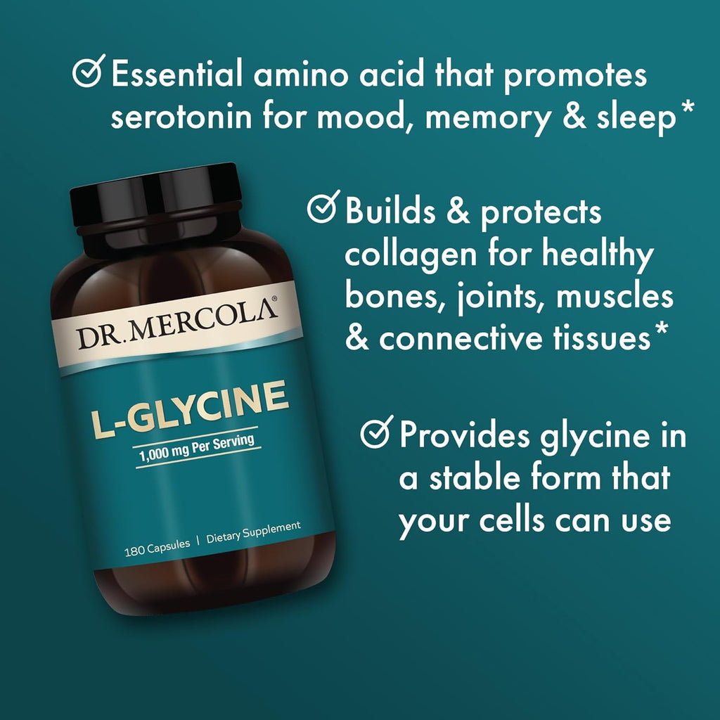 Dr. Mercola L-Glycine - Aids Production of Glutathione & Collagen - Supports Heart, Brain, Digestion, Metabolic & Immune Health - Non-Gmo, Gluten-Free & Soy-Free - 180 Capsules (90 Servings)