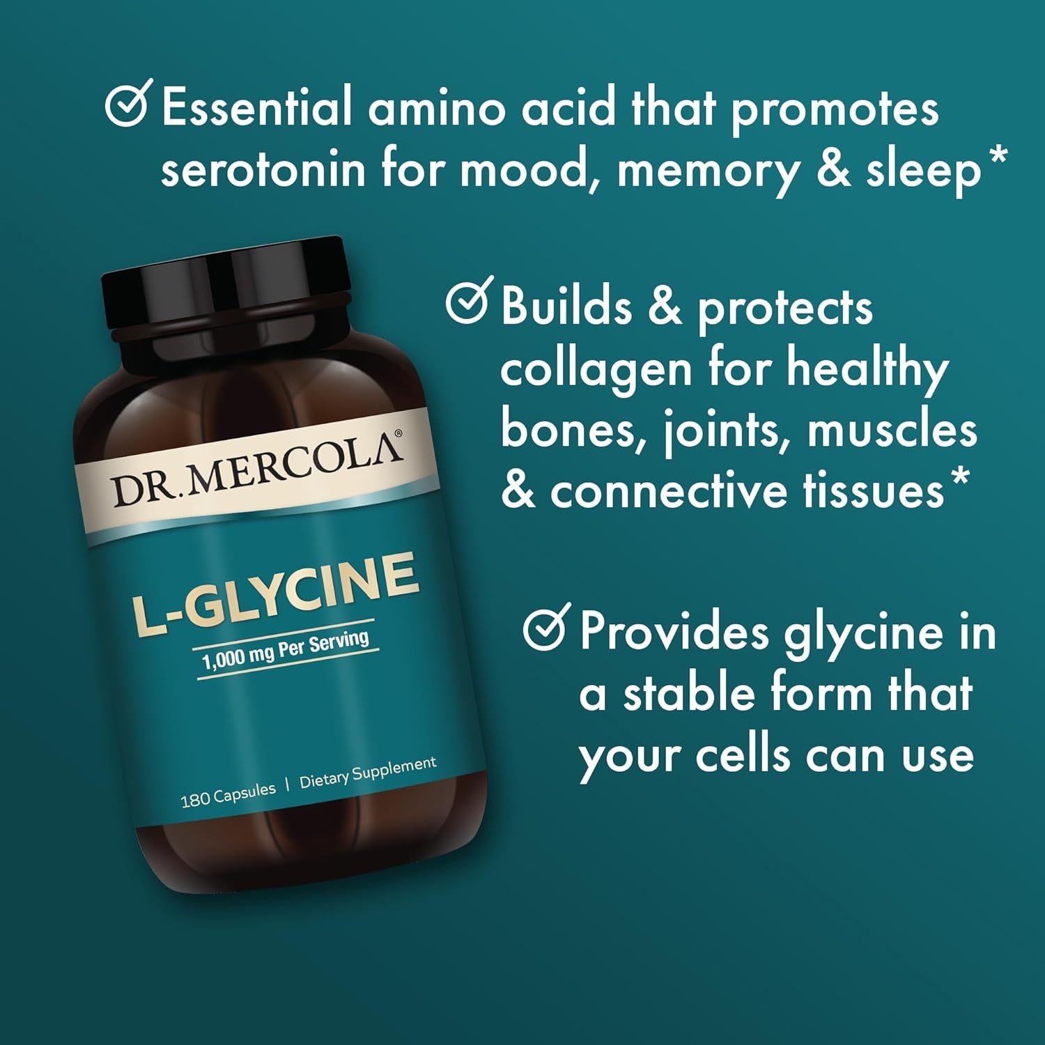 Dr. Mercola L-Glycine - Aids Production of Glutathione & Collagen - Supports Heart, Brain, Digestion, Metabolic & Immune Health - Non-Gmo, Gluten-Free & Soy-Free - 180 Capsules (90 Servings)