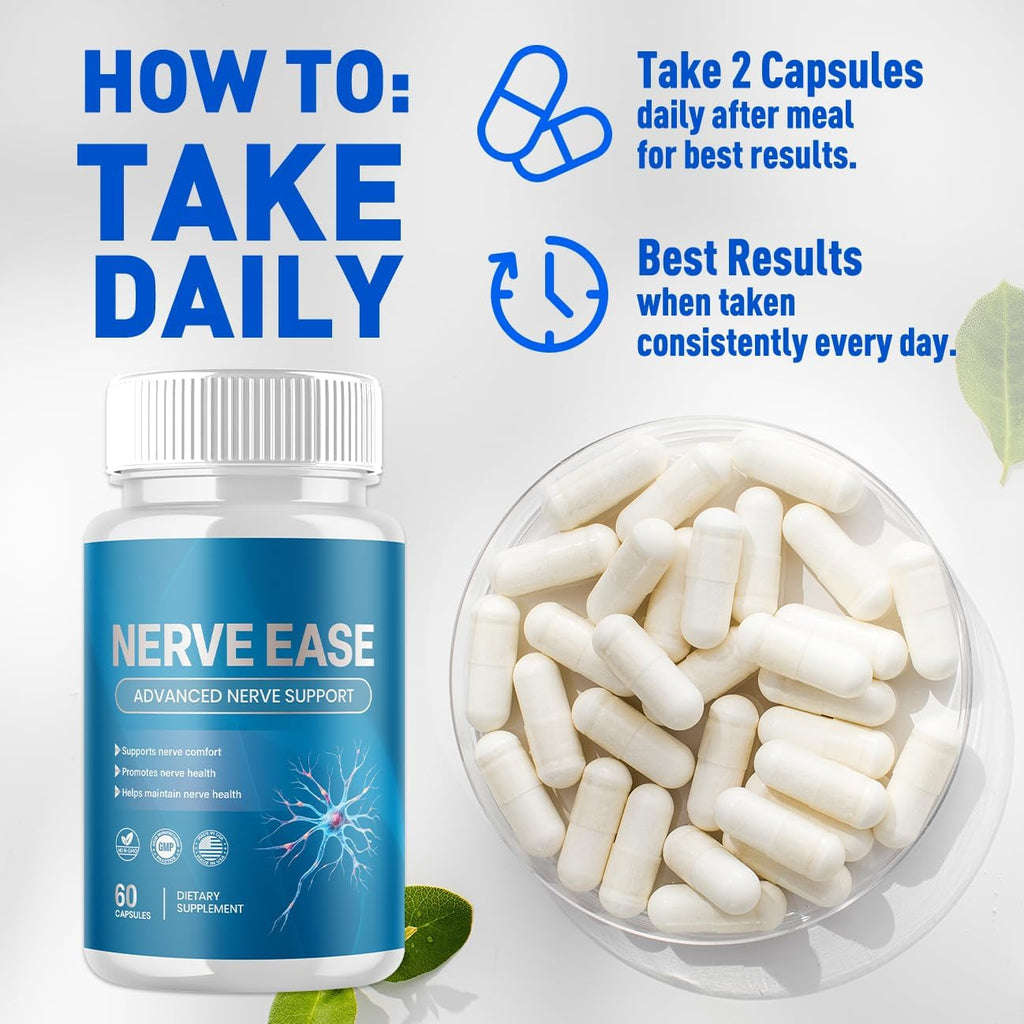 Nerve Ease Capsules, Nerveease Pills with All Natural Ingredients, Advanced Overall Health and Wellness Vitamin Supplement Formula for Maximum Strength Multivitamins Support (60 Capsules)