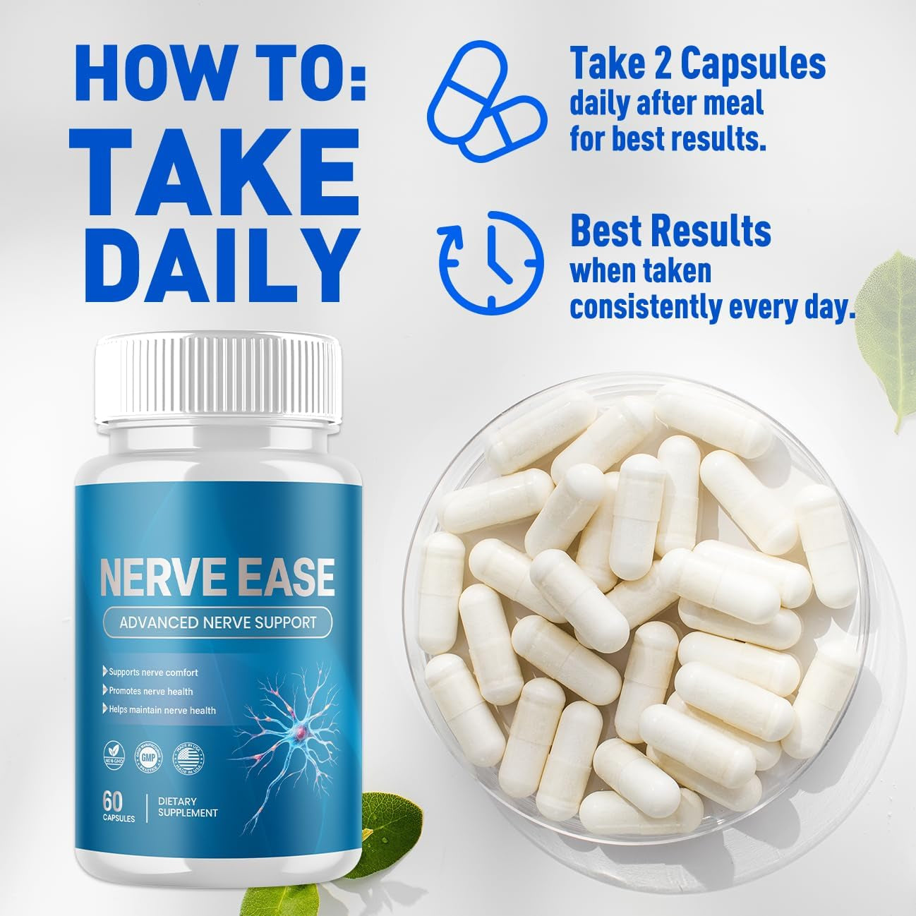 Nerve Ease Capsules, Nerveease Pills with All Natural Ingredients, Advanced Overall Health and Wellness Vitamin Supplement Formula for Maximum Strength Multivitamins Support (60 Capsules)
