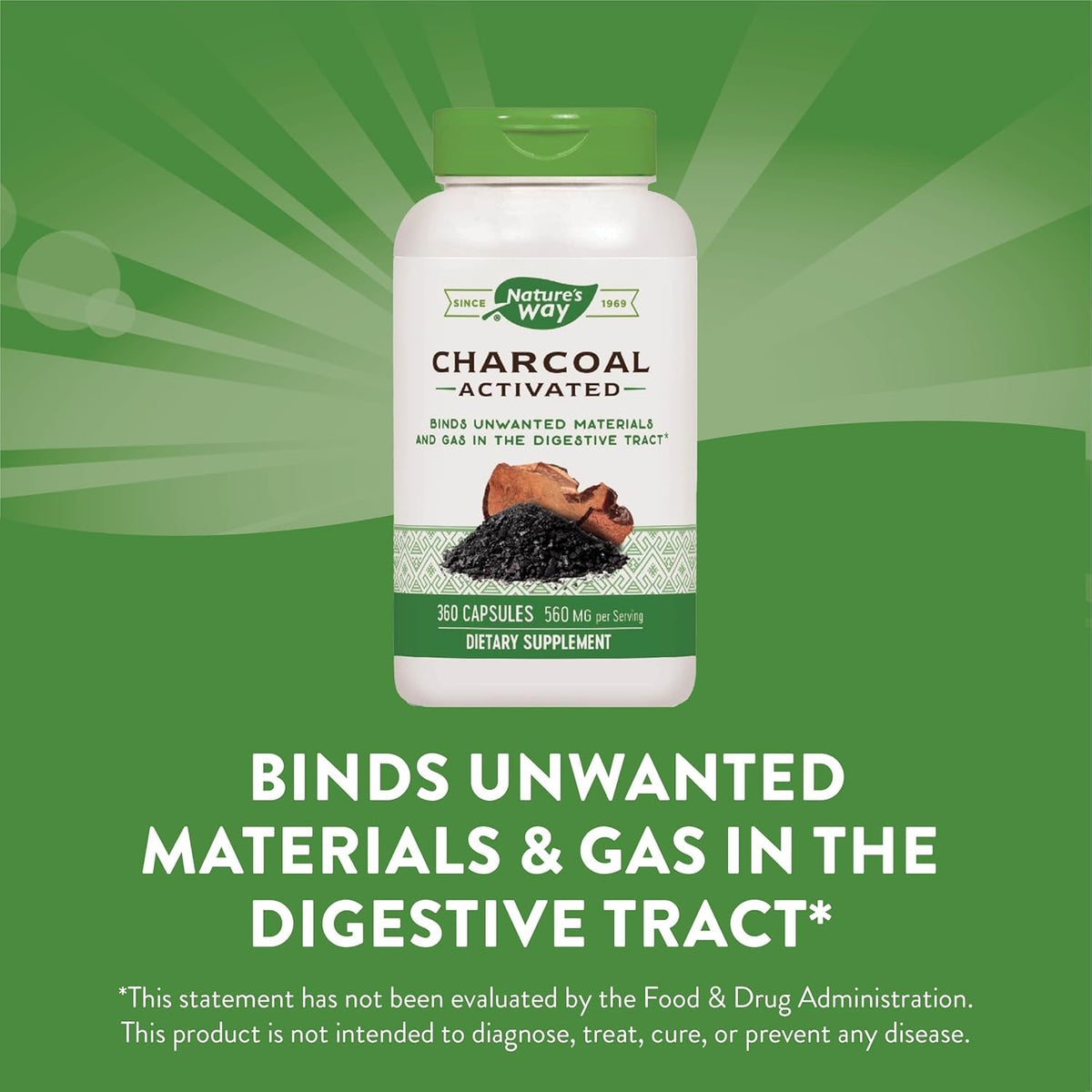 Nature'S Way Activated Charcoal, Binds Unwanted Materials and Gas*, 560Mg per Serving, 360 Capsules