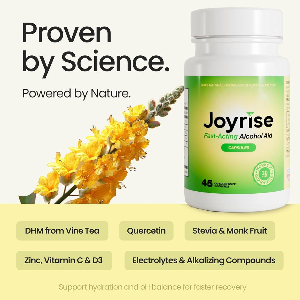 Joyrise® after Drinking Aid – Fast Acting Capsules with DHM – Alcohol Metabolism Support, Liver Health, Rapid Bioavailability & Body Replenishment – 45 Capsules (15 Servings)