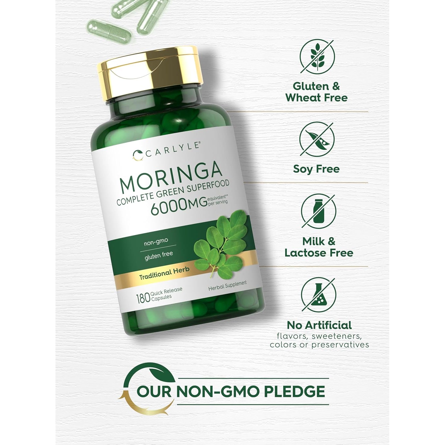 Carlyle Moringa Oleifera Supplement | 180 Capsules | Complete Green Superfood for Women and Men | from Moringa Leaf Powder | Non-Gmo and Gluten Free