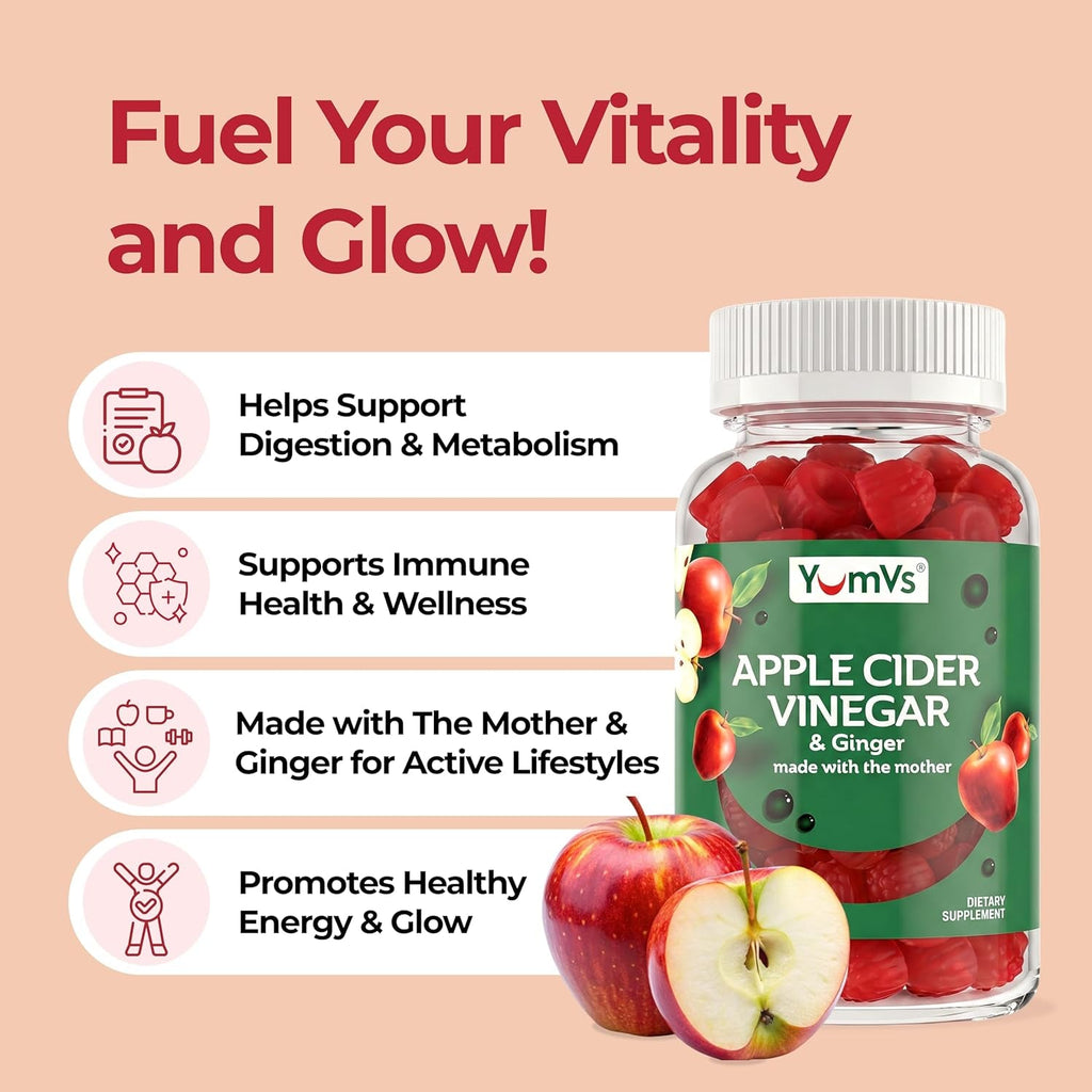 YUM-V'S Apple Cider Vinegar Gummies – ACV Gummies with Ginger & the Mother – Supports Metabolism, Vitality & Daily Wellness – Natural Apple Flavor Vegan, Non-Gmo, Gluten-Free, Cider Gummy – 60 Count