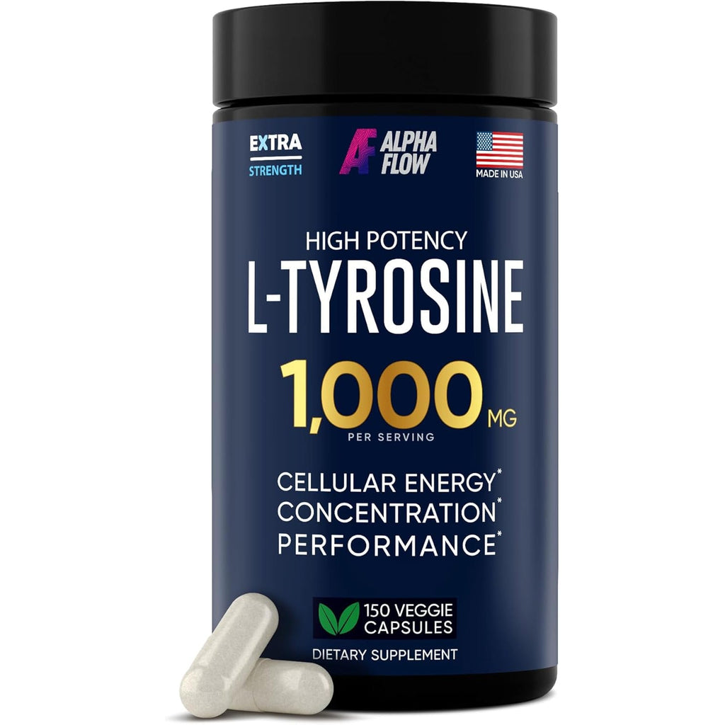 Alpha Flow L Tyrosine 1000MG Capsules - All-Natural L- Tyrosine Supplement for Focus & Energy Boost - Non-Gmo & Gluten-Free - Vegan 150 Caps -500Mg X 2 per Serving