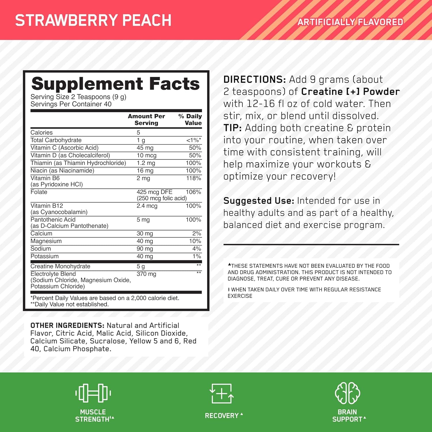Optimum Nutrition Creatine Monohydrate plus Powder, Strawberry Peach Flavored Creatine Performance Blend, with Electrolytes for Hydration, Added Vitamins, 40 Servings, 360 Grams (Packaging May Vary)