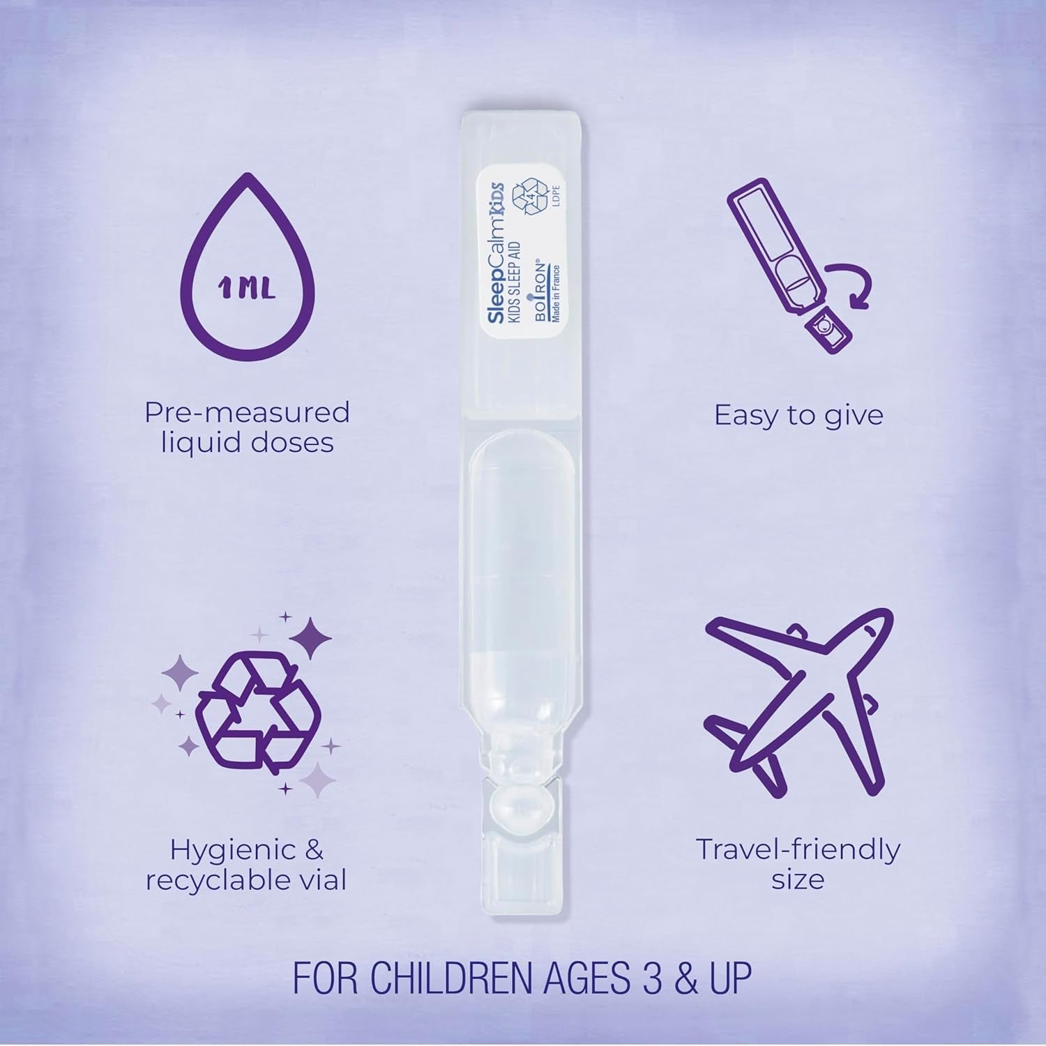Boiron Sleepcalm Kids Liquid Doses Sleep Aid for Deep, Relaxing, Restful Nighttime Sleep - Melatonin-Free and Non Habit-Forming - 15 Count