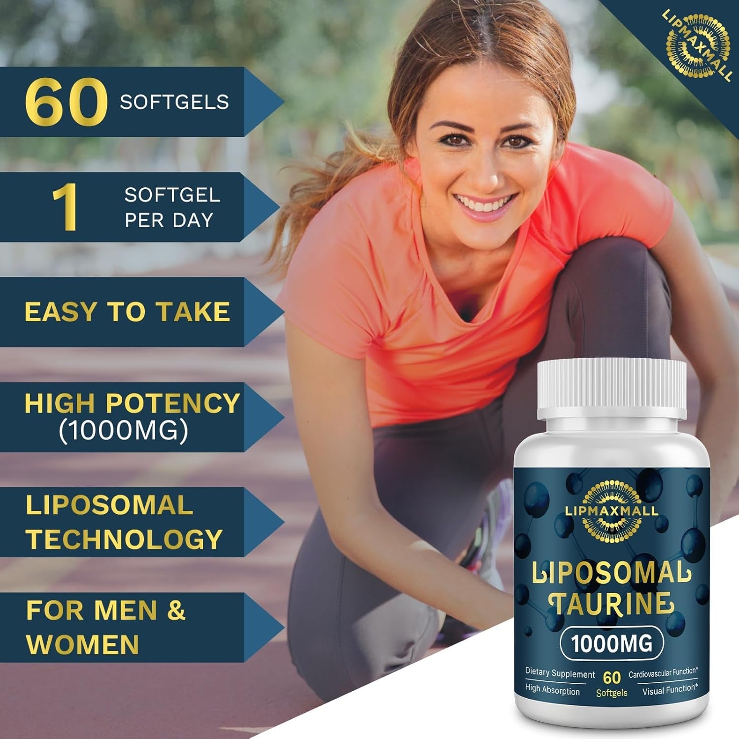 Lipmaxmall Liposomal Taurine Supplement 1000Mg, High Absorption Amino Acid for Heart, Nerve, Brain, Visual (60 Softgels - 1 Pack)