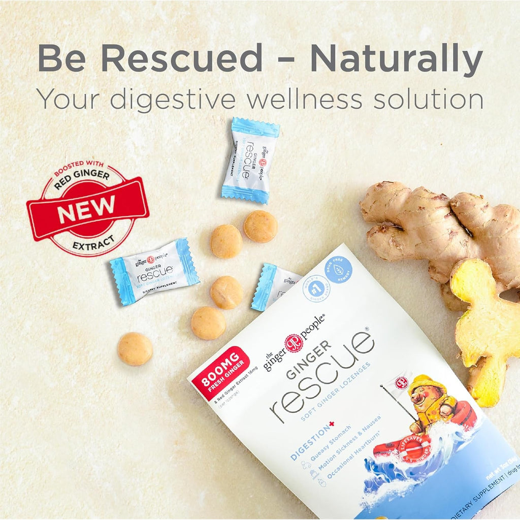 The Ginger People Ginger Rescue Digestive Wellness Lozenges (Soft) | Extra Strength - 800Mg | Nausea, Upset Stomach, Motion Sickness, Mild Heartburn, Indigestion, 30 Count (Pack of 1)