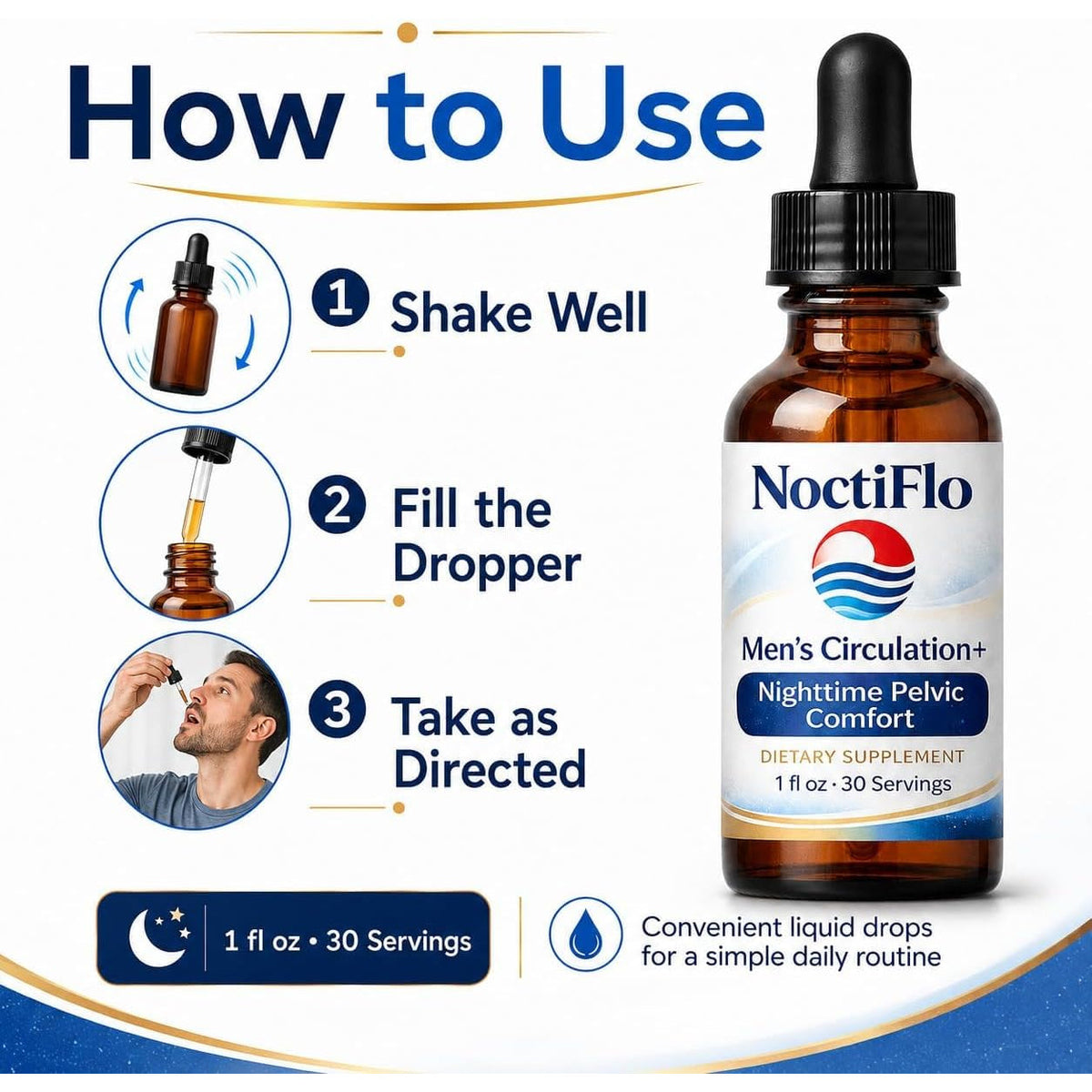 Noctiflo Prostate Support Drops –Nighttime Pelvic Comfort Liquid Supplement, 1 Fl Oz, 30 Servings, Easy-To-Use Dropper