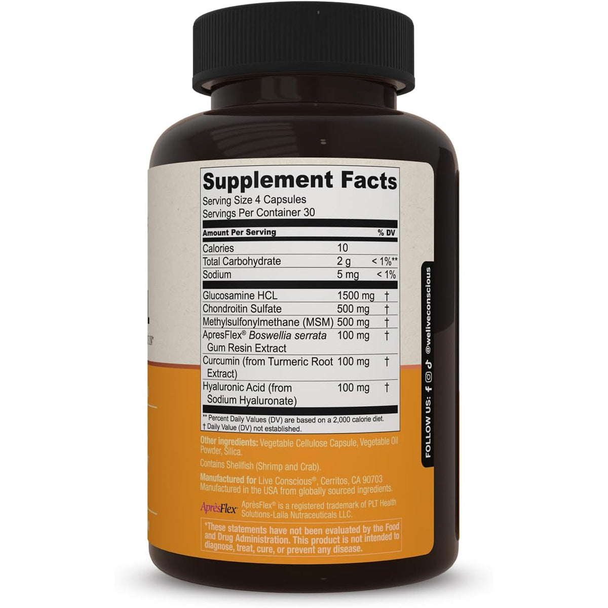 Live Conscious Glucosamine Chondroitin with MSM, Hyaluronic Acid, and More - Movewell Joint Health Supplement