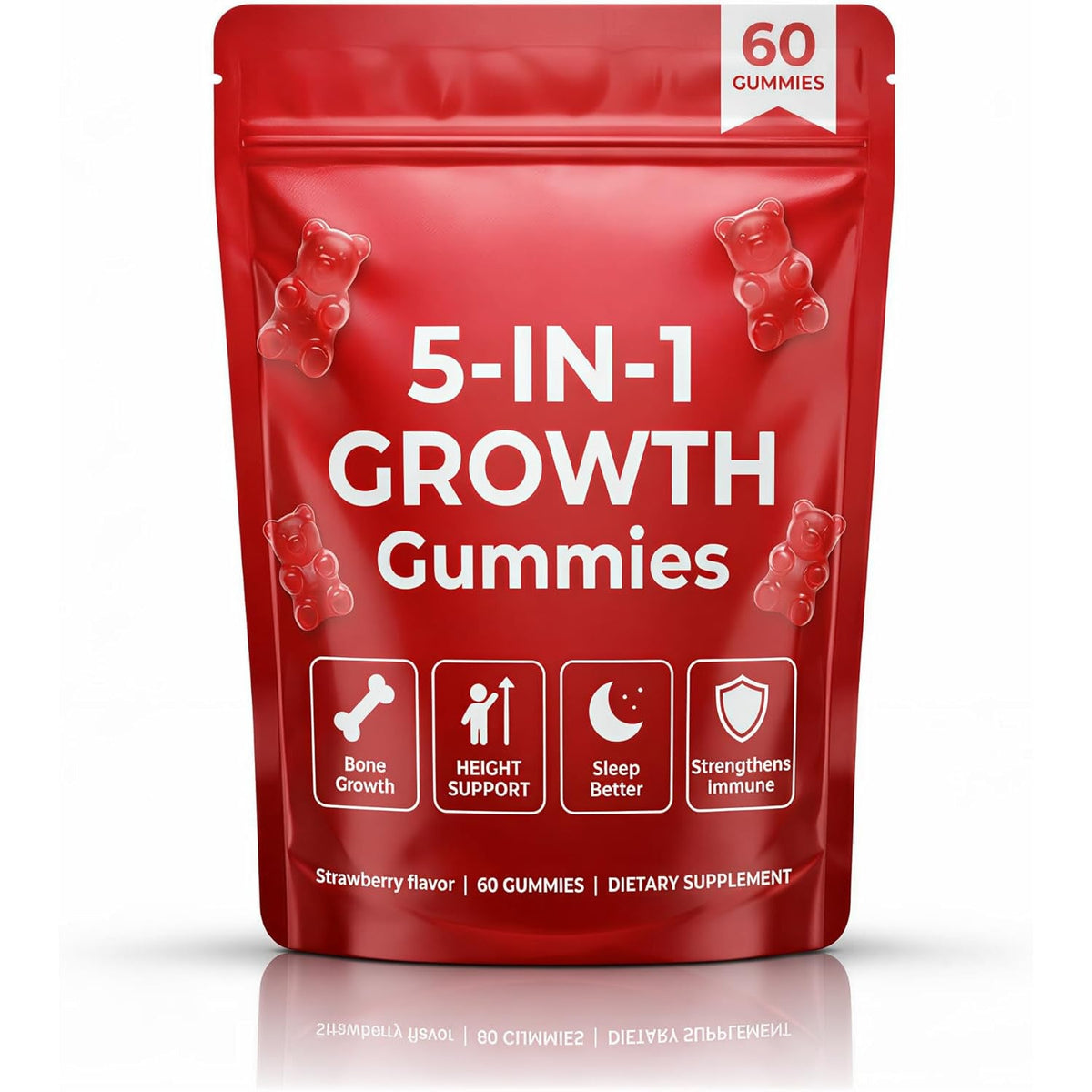 5-In-1 Growth Gummies, Supports Natural Height & Bone Development with Essential Amino Acids & D3, K2, Delicious Strawberry Flavor, 60-Count