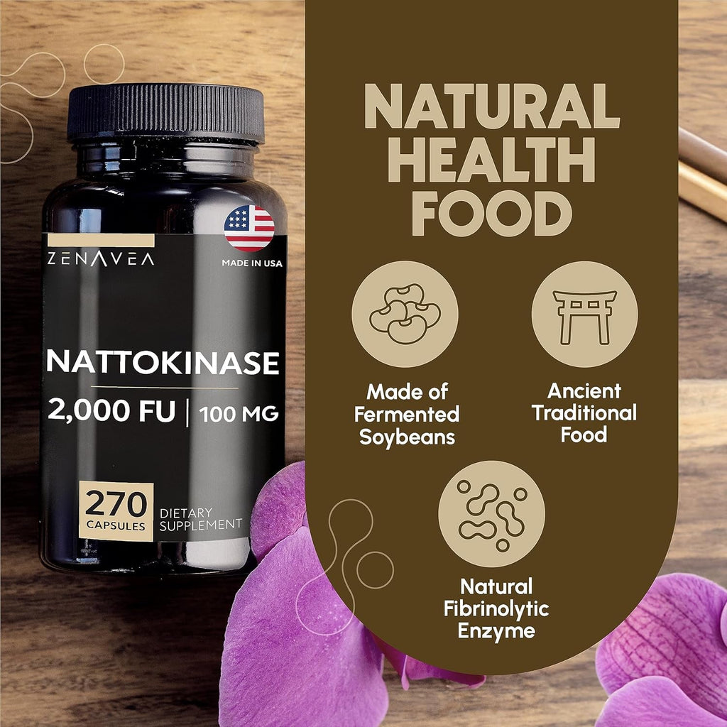 Nattokinase Supplement - 2000 FU of Enzyme - 270 Capsules of Nattokinase 100Mg - Gluten Free, Non-Gmo, Vegan