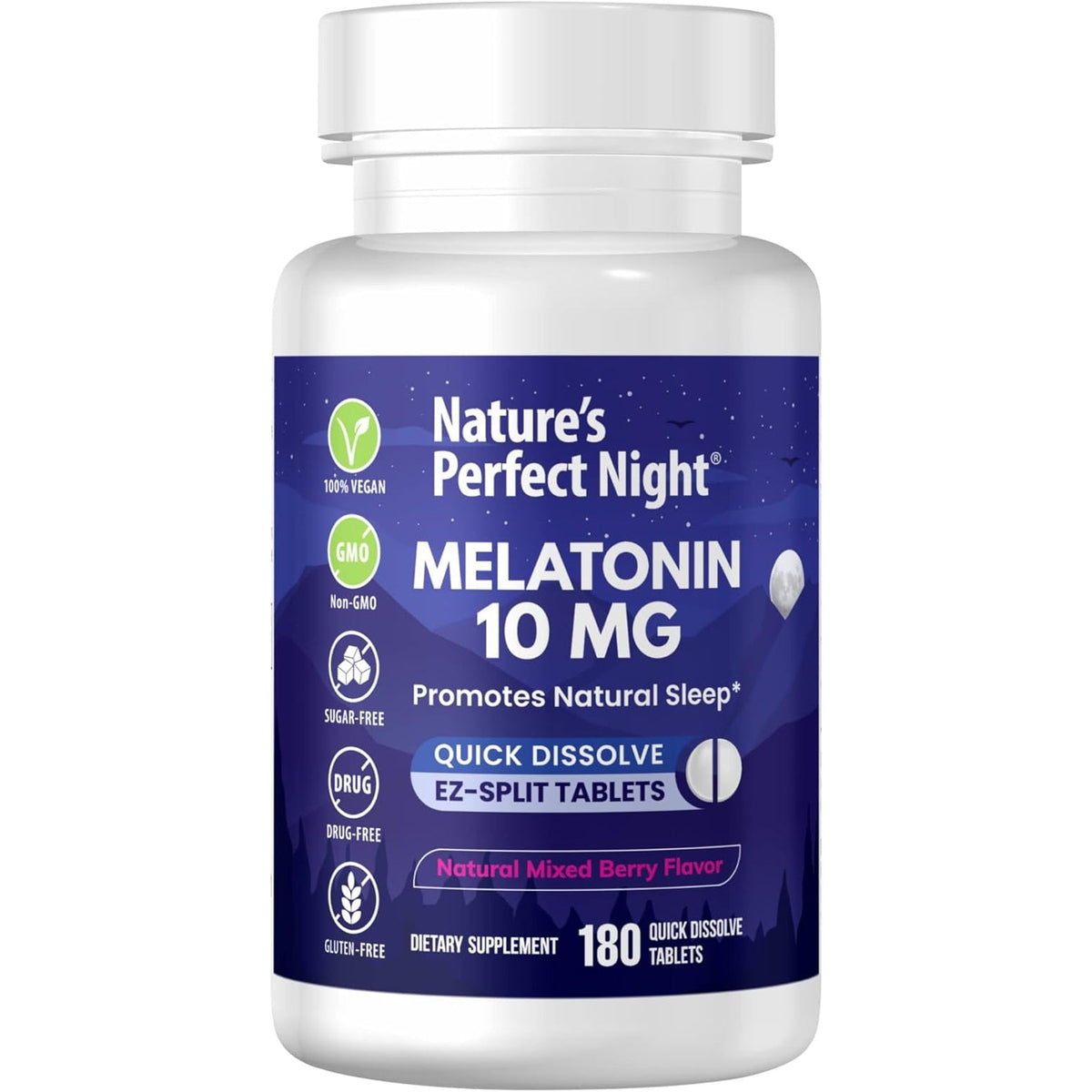 Nature'S Perfect Night | Melatonin 10Mg | 180 Quick Dissolve Tablets | Natural Mixed Berry Flavor |High Potency | Sugar Free | Vegan | Gluten Free | Value Size