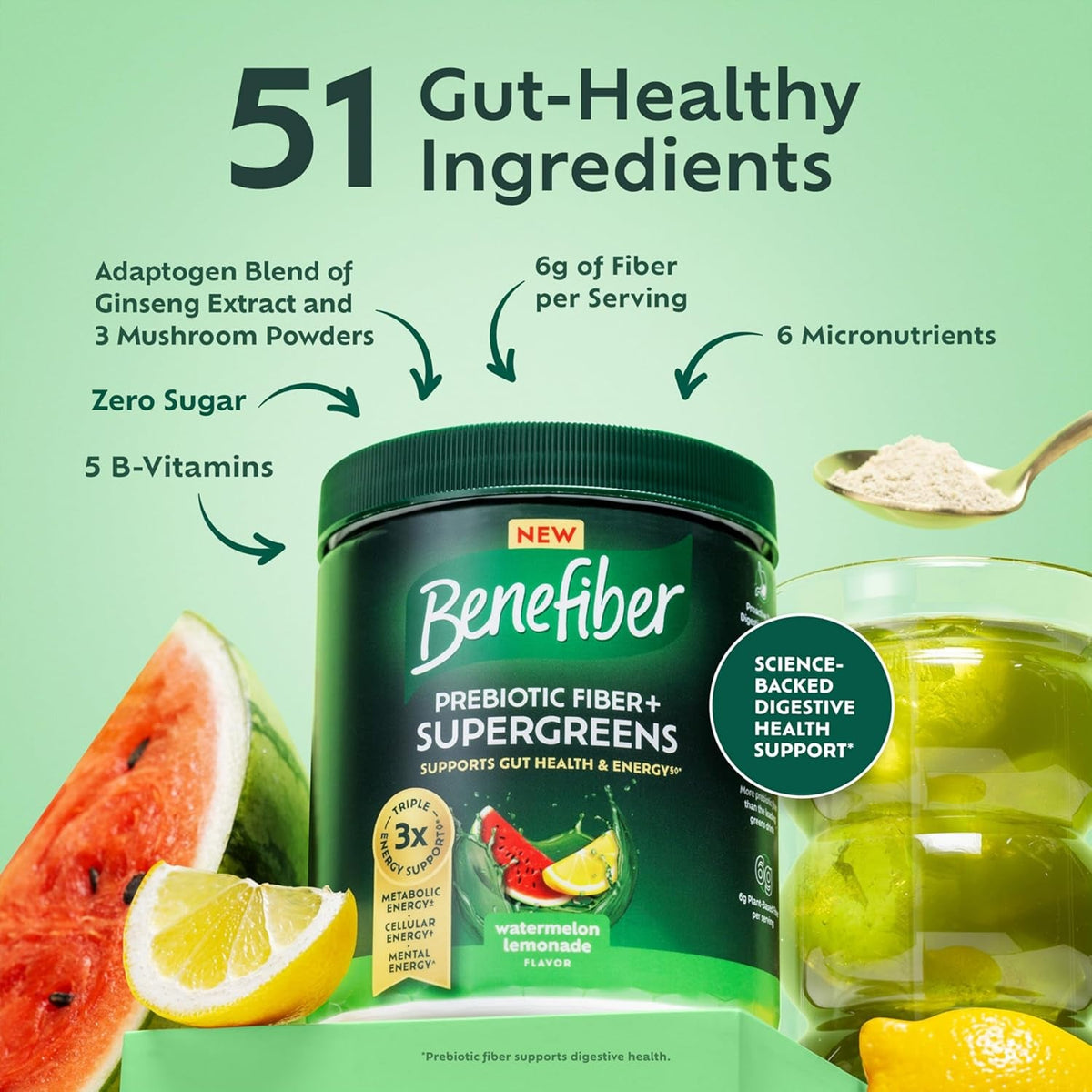 Benefiber Prebiotic GLP-1 Friendly Fiber + Supergreens Dietary Supplement Powder, Watermelon Lemonade Flavor, 8.8 Oz (250G)