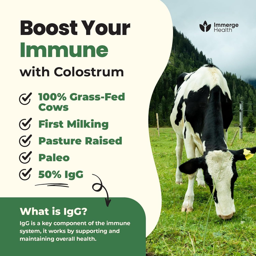 Immerge Health Super Colostrum Powder (60 Servings) – Premium Bovine Colostrum Supplement for Gut Health, Bloating & Immune Support – High Igg, 100% Grass Fed First Milking, Unflavored, Made in USA