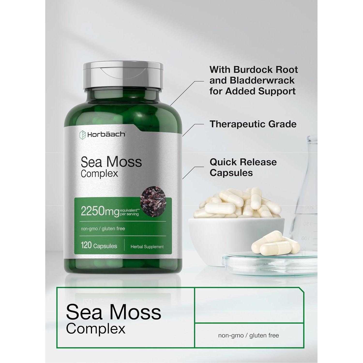 Horbäach Sea Moss Complex Capsules | 120 Count | Complex Formula with Bladderwrack & Burdock Root | Non-Gmo & Gluten Free Supplement