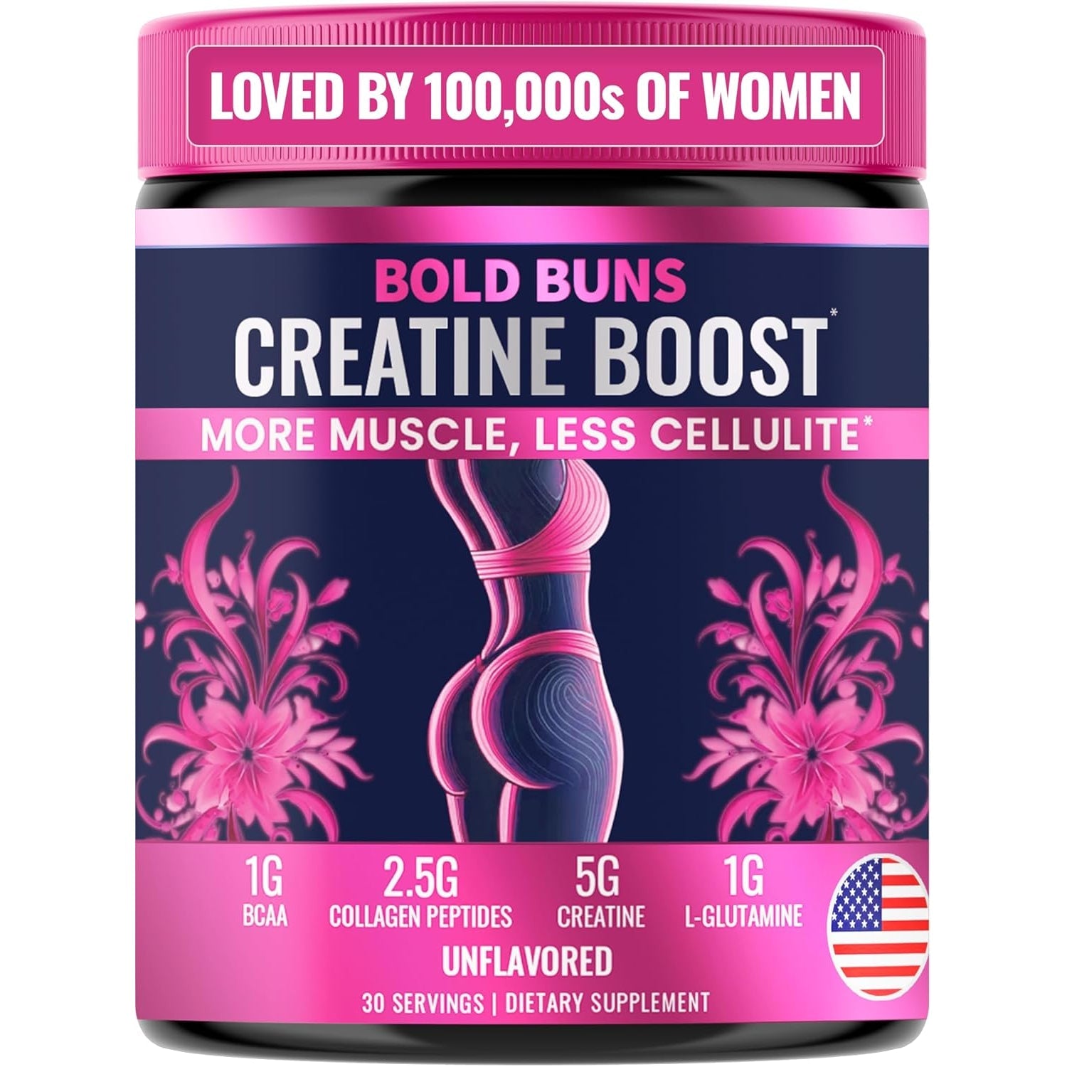 Bold Buns Creatine for Women – Supplement with Collagen & BCAA – Supports Muscle Development, Post-Workout Recovery, Skin Elasticity, Healthy Hair & Nail (30 Servings, Unflavored)