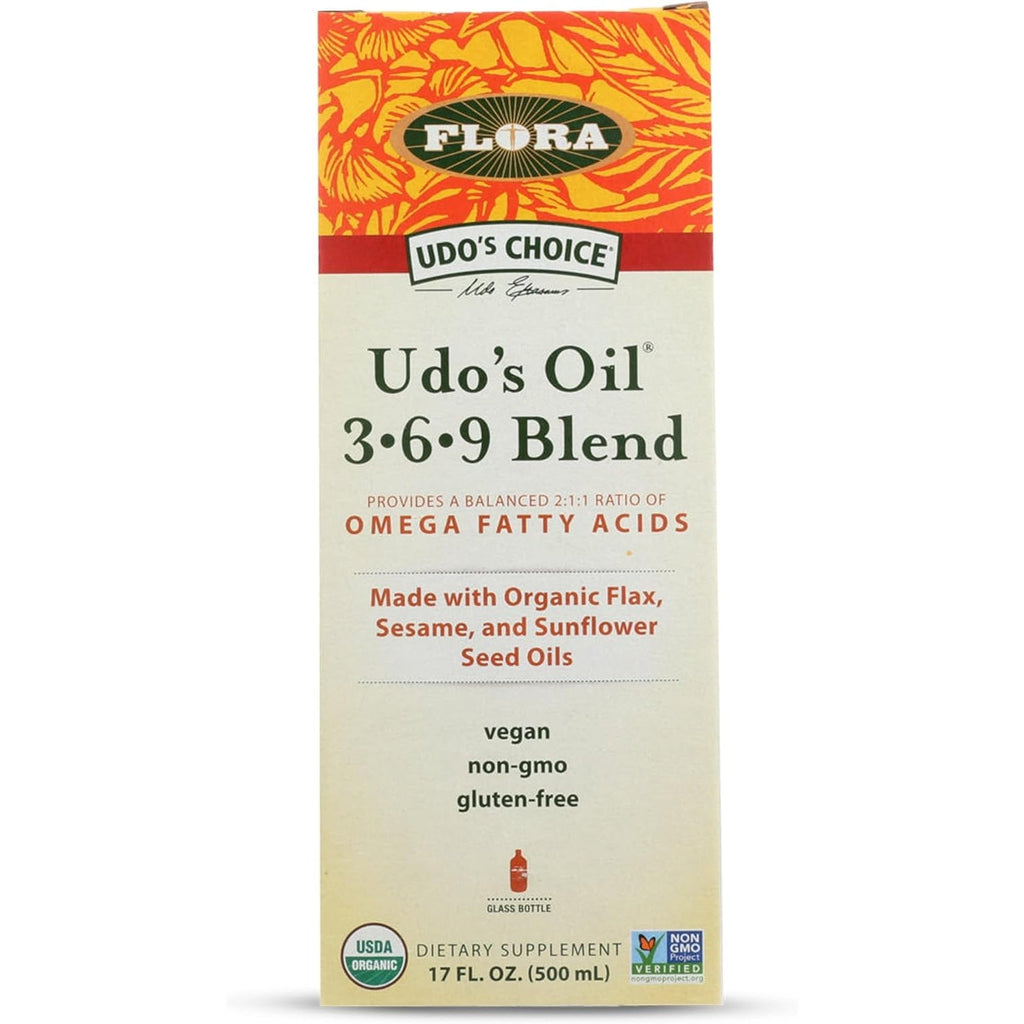 Flora - Udo'S Choice Omega 369 Oil Blend, Made with Organic Flax, Sesame & Sunflower Seed Oils, Plant-Based Vegan Omega Fatty Acids, Based on Ideal 2:1:1 Ratio, 17-Fl, Oz. Glass Bottle