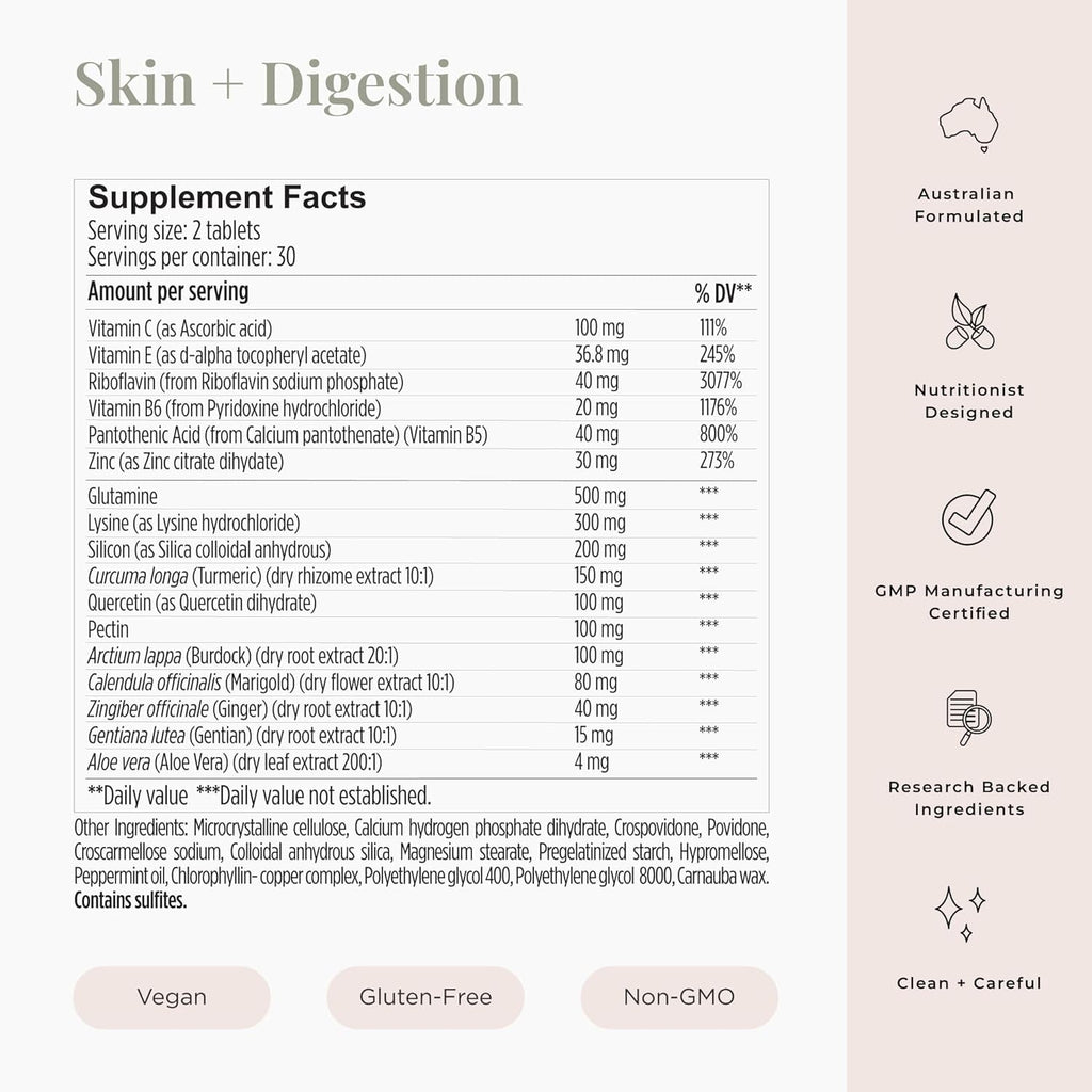 Jshealth Skin and Digestion Formula. Clear Skin Supplement with Zinc, Burdock, Turmeric. Supports Healthy Skin and Digestive Comfort. Vegan (60 Tablets)