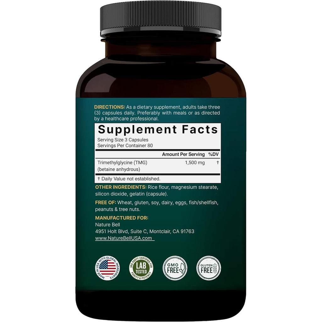 Naturebell TMG Supplements 1,500Mg, 240 Capsules | Max Strength Betaine Anhydrous Trimethylglycine – Supports Healthy Homocysteine Balance, Heart & Liver Health – Non-Gmo, Gluten Free