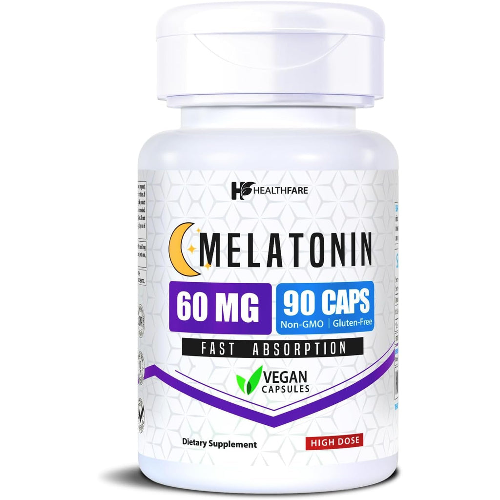 Healthfare Melatonin 60Mg | 90 Veg Capsules | High-Strength Formula | Vegetarian, Non-Gmo, Gluten-Free | Made in the USA
