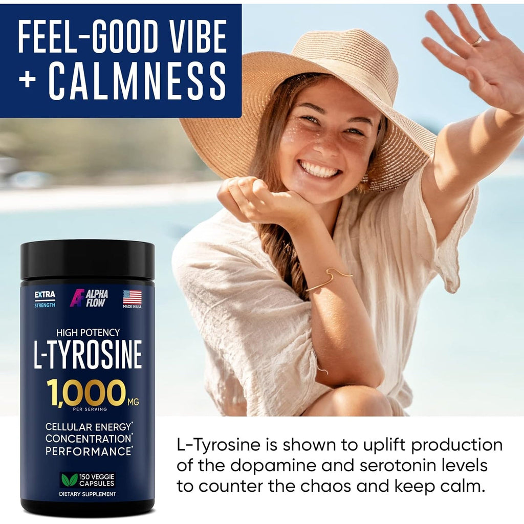 Alpha Flow L Tyrosine 1000MG Capsules - All-Natural L- Tyrosine Supplement for Focus & Energy Boost - Non-Gmo & Gluten-Free - Vegan 150 Caps -500Mg X 2 per Serving