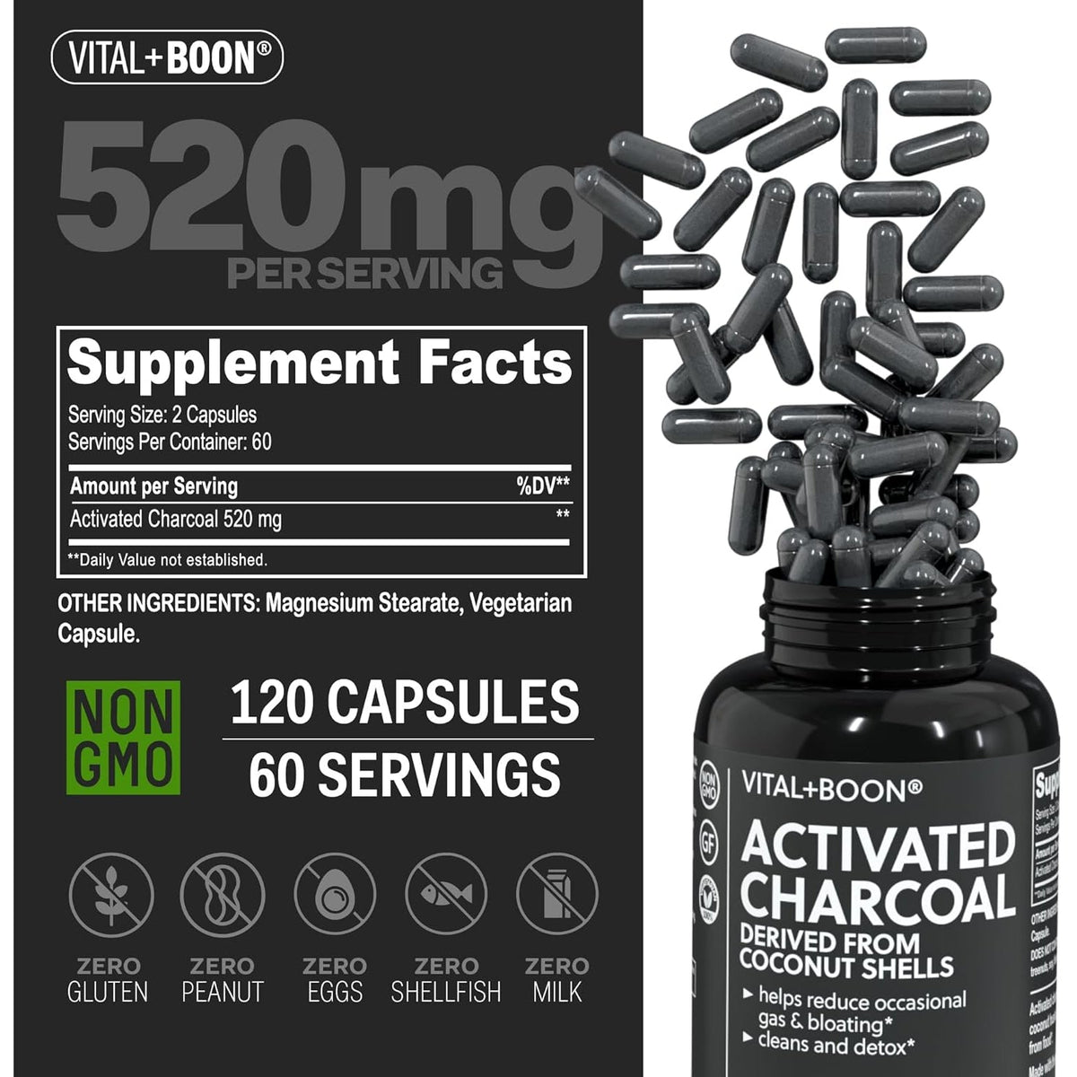 Vital+Boon Activated Charcoal Pills – Derived from Coconut Shells – Black Charcoal Binder for Stomach, Gas & Bloating Relief – Gluten Free Vegetarian Active Carbon to Support Detox (120 Capsules)