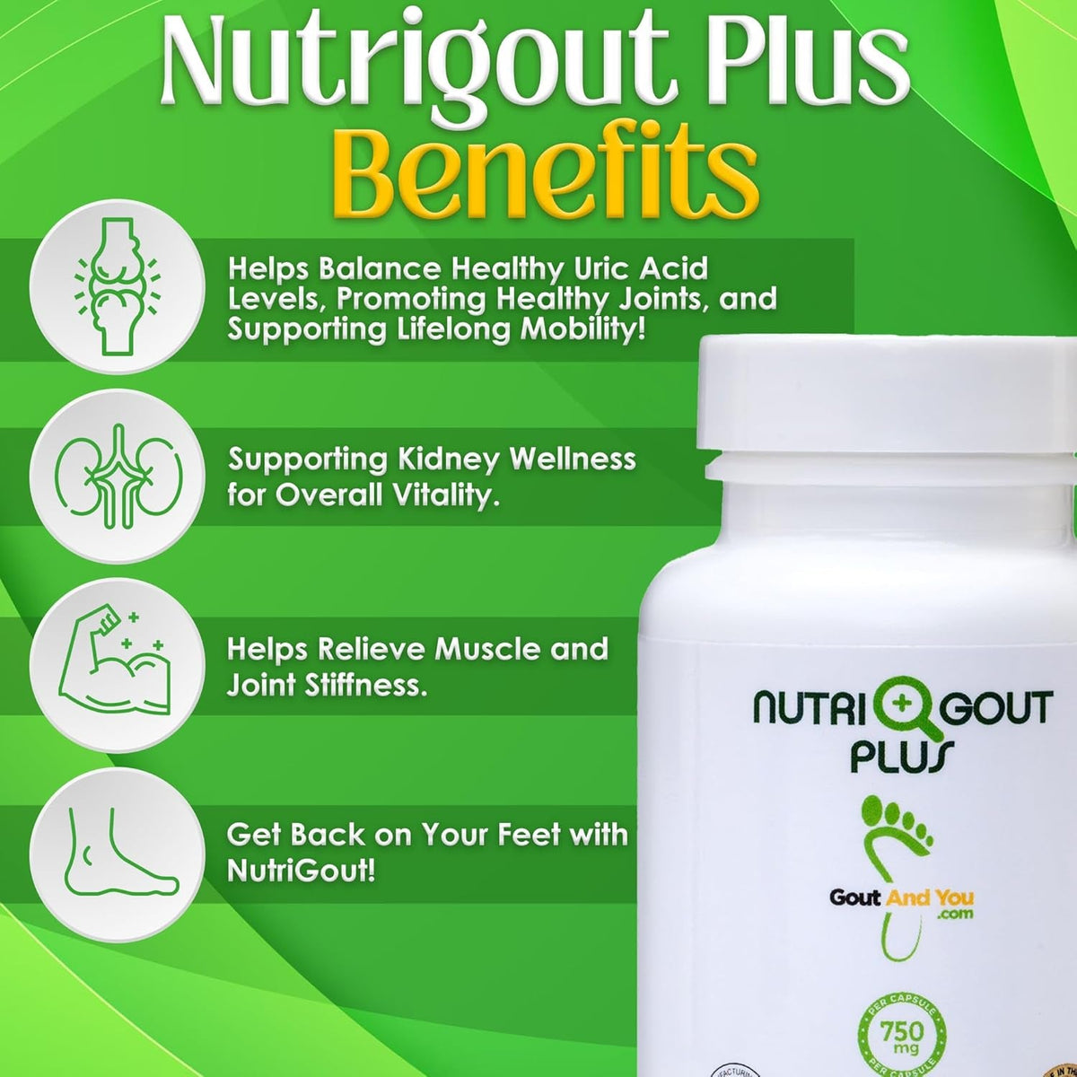 Gout and You Nutrigout plus - Uric Acid Support Premium Formula - 60 Vegetarian Capsules - 750 Mg per Capsule