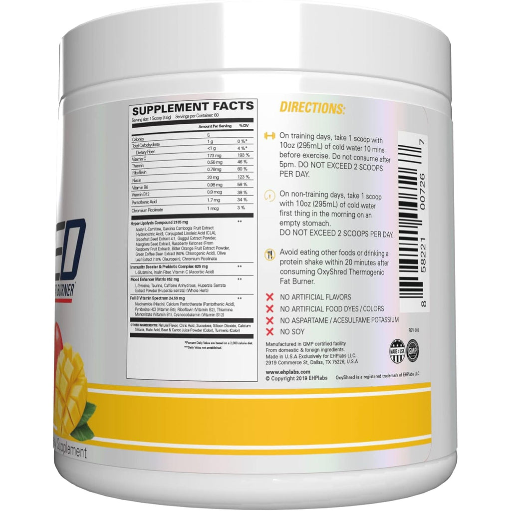 EHP Labs Oxyshred Pre Workout Powder - Preworkout Powder with L Glutamine & Acetyl L Carnitine, Energy Boost Drink - Mango, 60 Servings