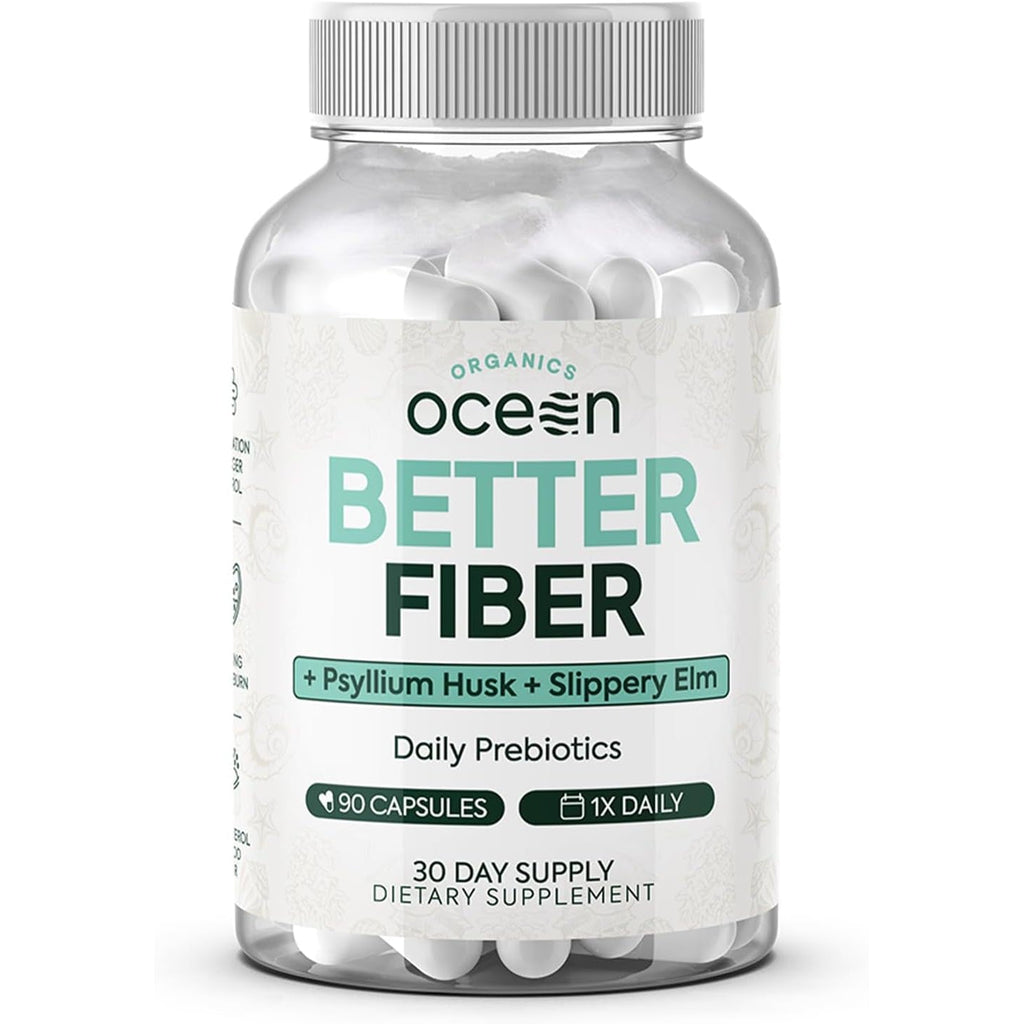 Organics Ocean Better Fiber - Daily Fiber Supplement - Soften Stool for Effortless Bowel Movements - with Psyllium Hulk and Slippery Elm - 90 Capsules