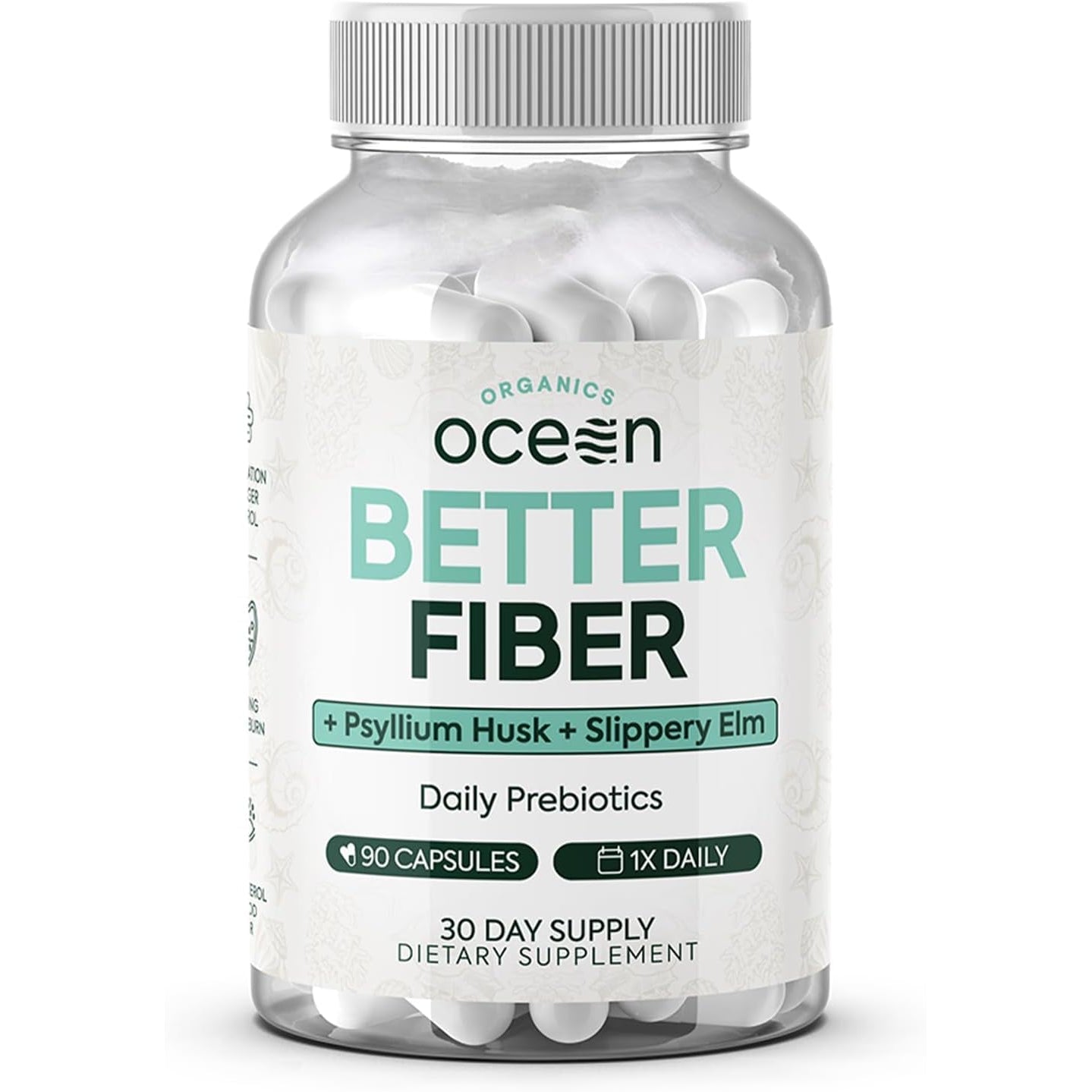 Organics Ocean Better Fiber - Daily Fiber Supplement - Soften Stool for Effortless Bowel Movements - with Psyllium Hulk and Slippery Elm - 90 Capsules