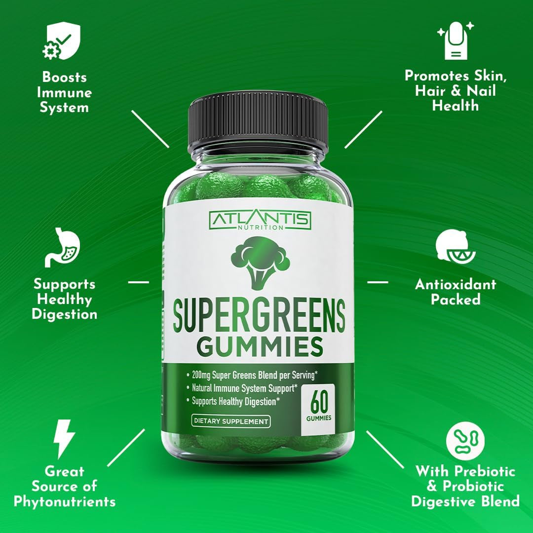Atlantis Nutrition Supergreens Gummies - Daily Green Superfoods Supplement with Spinach, Broccoli, Moringa, Beet Root, Celery, Green Tea, & Acai for Immunity Support - Natural Raspberry Flavor, 60 Cnt