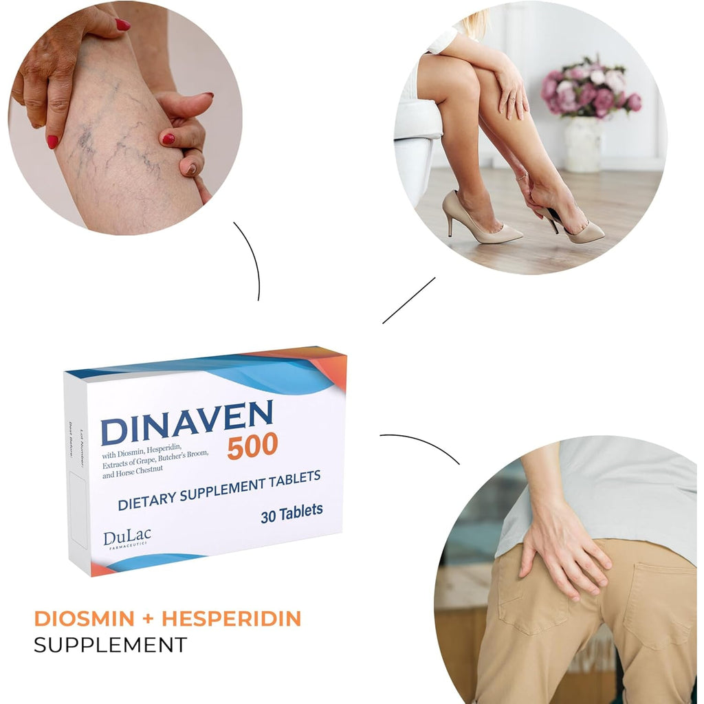 Dulac Dinaven 500, Micronized Diosmin Hesperidin Dietary Supplement 1000Mg per Serving, Horse Chestnut Extract, Butcher’S Broom & Red Grape Extract, Leg Circulation Support, 30 Tablets, Made in Italy