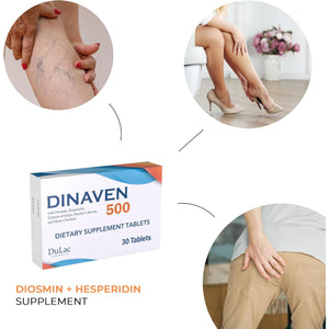 Dulac Dinaven 500, Micronized Diosmin Hesperidin Dietary Supplement 1000Mg per Serving, Horse Chestnut Extract, Butcher’S Broom & Red Grape Extract, Leg Circulation Support, 30 Tablets, Made in Italy